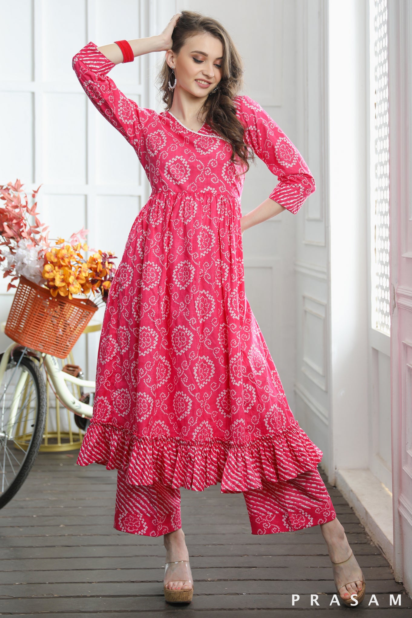 Sushi Sassy Flared Rani Pink Jaipuri Cotton Kurti-Salwar Set With Lace Trims