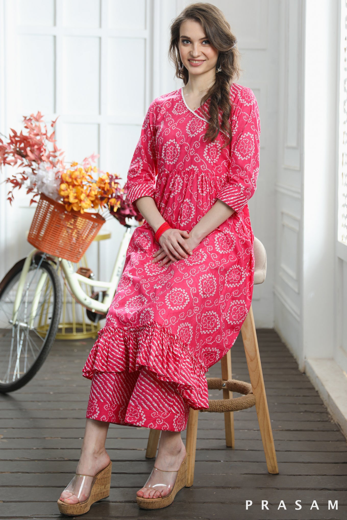 Sushi Sassy Flared Rani Pink Jaipuri Cotton Kurti-Salwar Set With Lace Trims