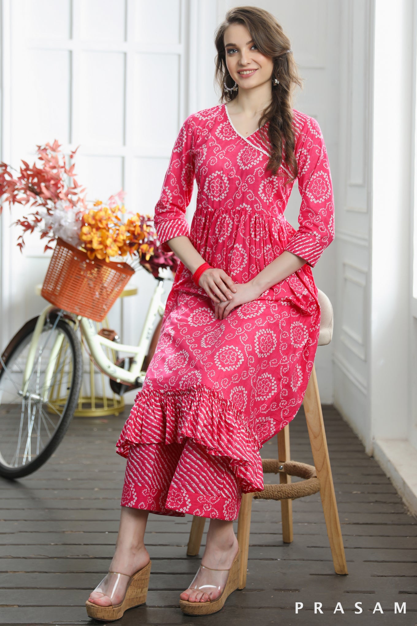 Sushi Sassy Flared Rani Pink Jaipuri Cotton Kurti-Salwar Set With Lace Trims