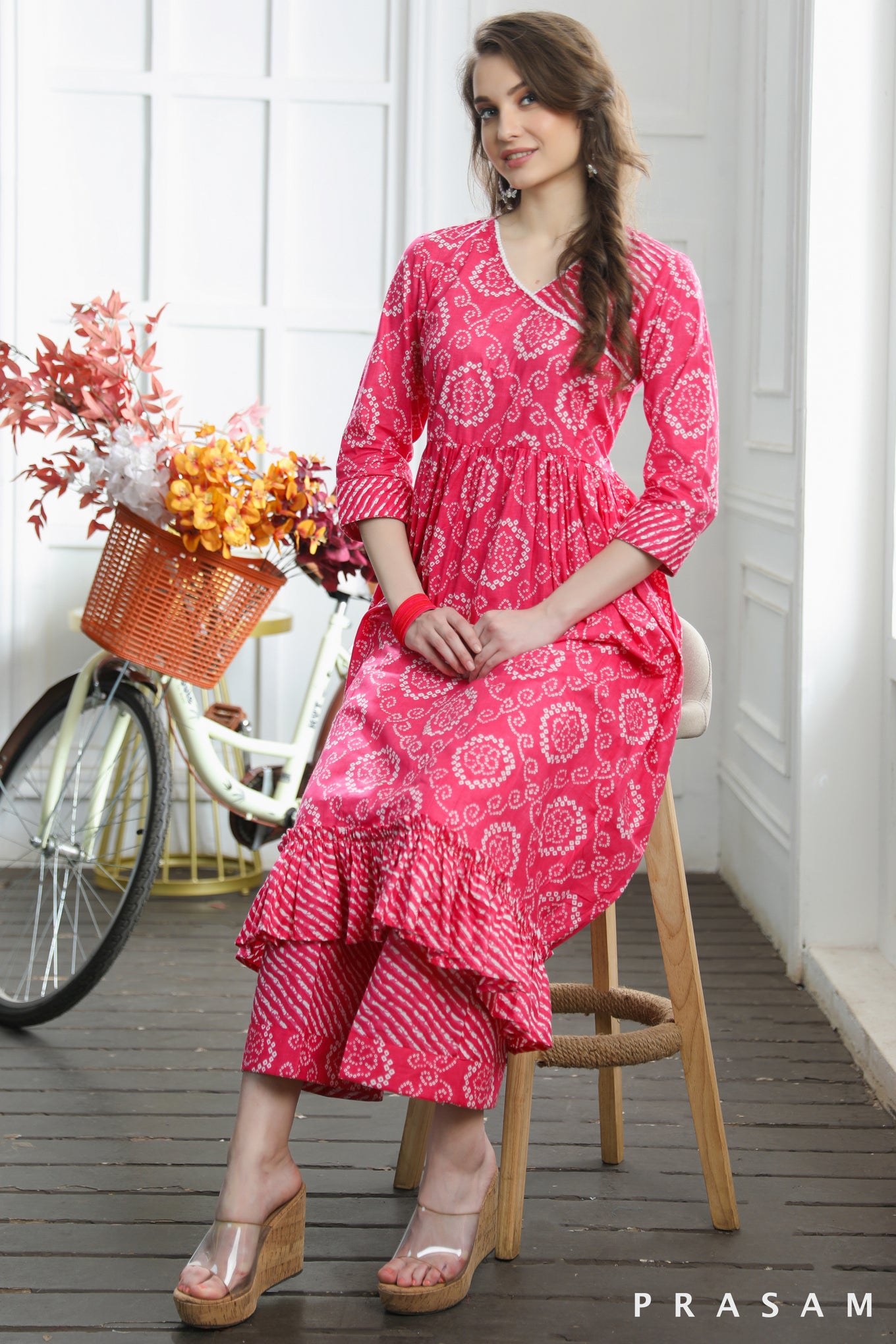 Sushi Sassy Flared Rani Pink Jaipuri Cotton Kurti-Salwar Set With Lace Trims