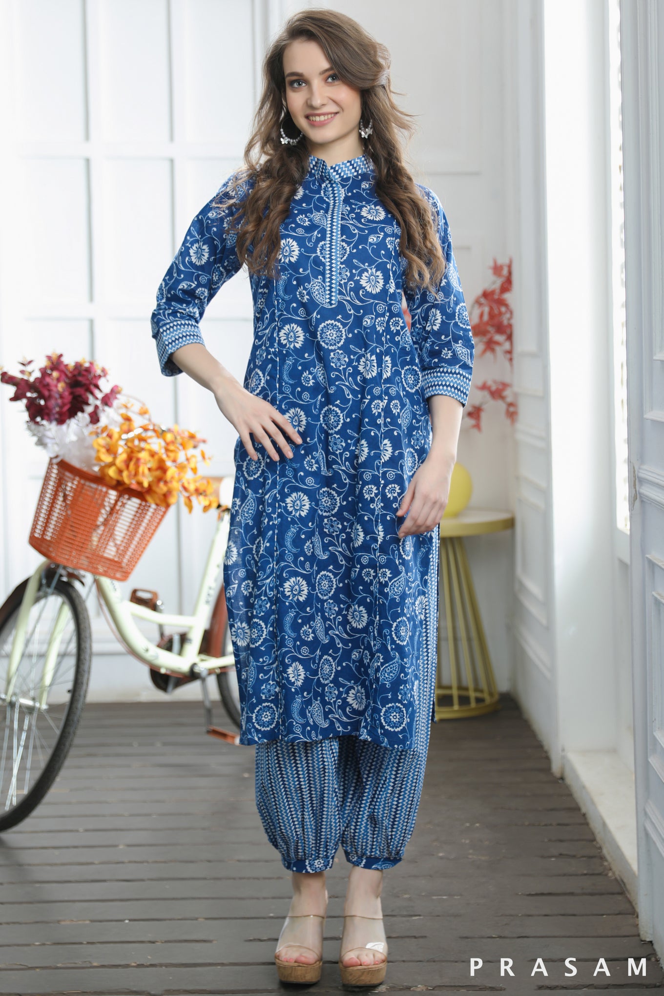 Anshu Trendy Blue Straight Cut Jaipuri Cotton Kurti with Afghani Salwar