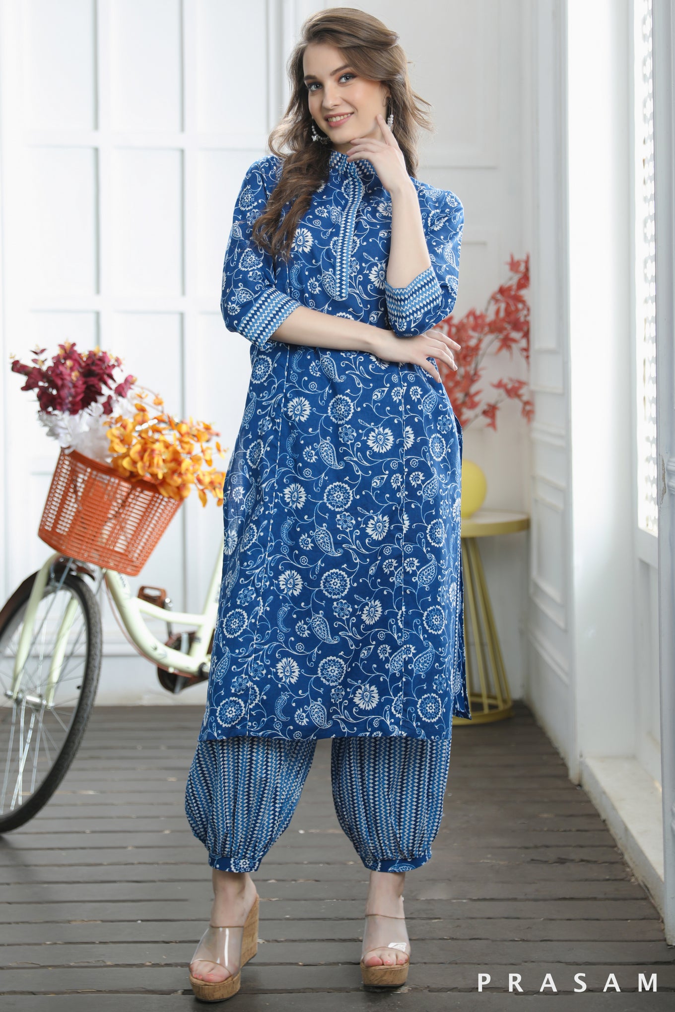 Anshu Trendy Blue Straight Cut Jaipuri Cotton Kurti with Afghani Salwar