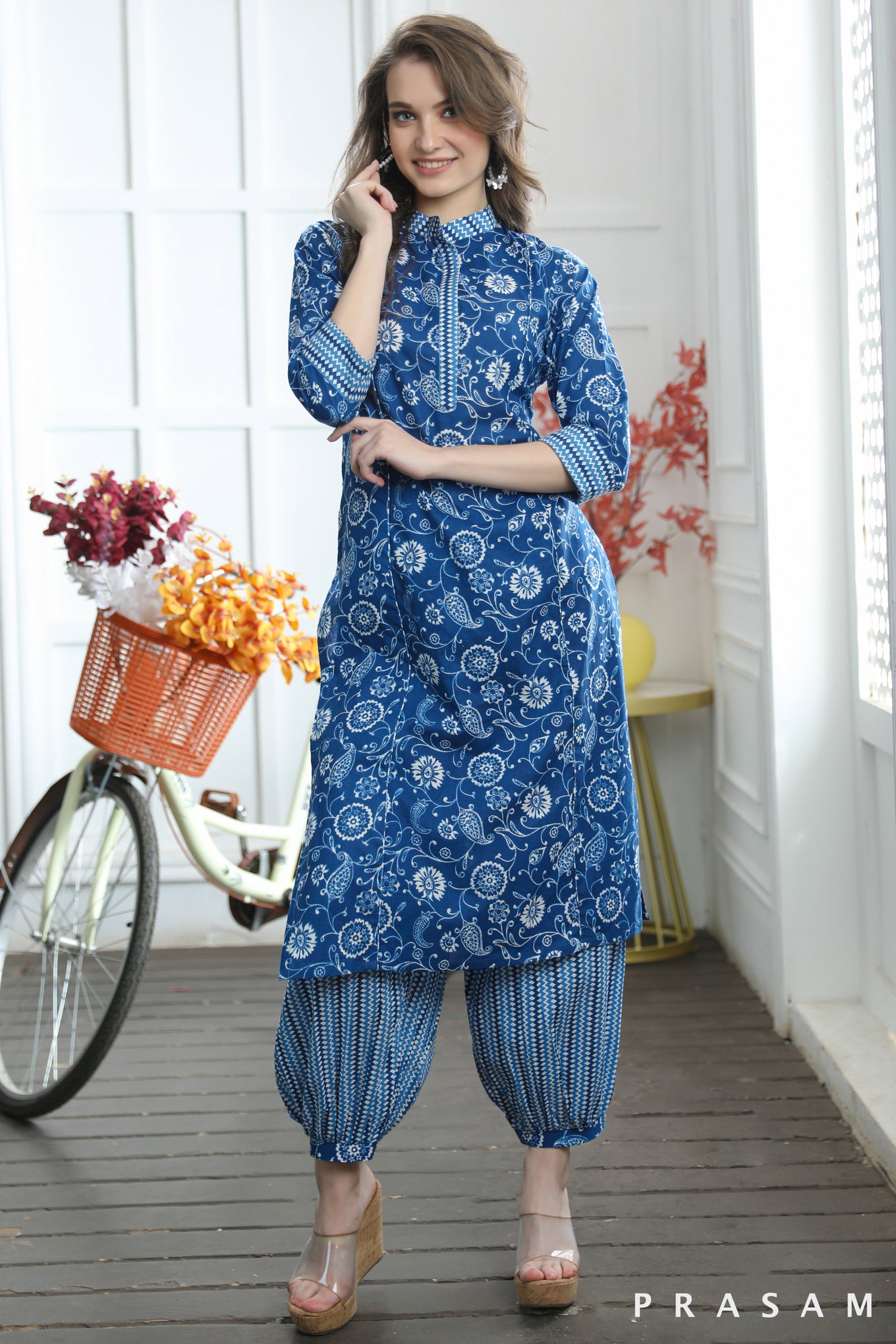 Anshu Trendy Blue Straight Cut Jaipuri Cotton Kurti with Afghani Salwar