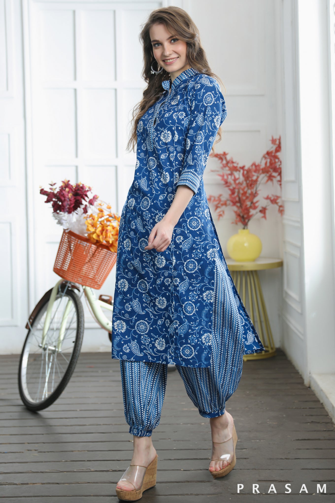 Anshu Trendy Blue Straight Cut Jaipuri Cotton Kurti with Afghani Salwar