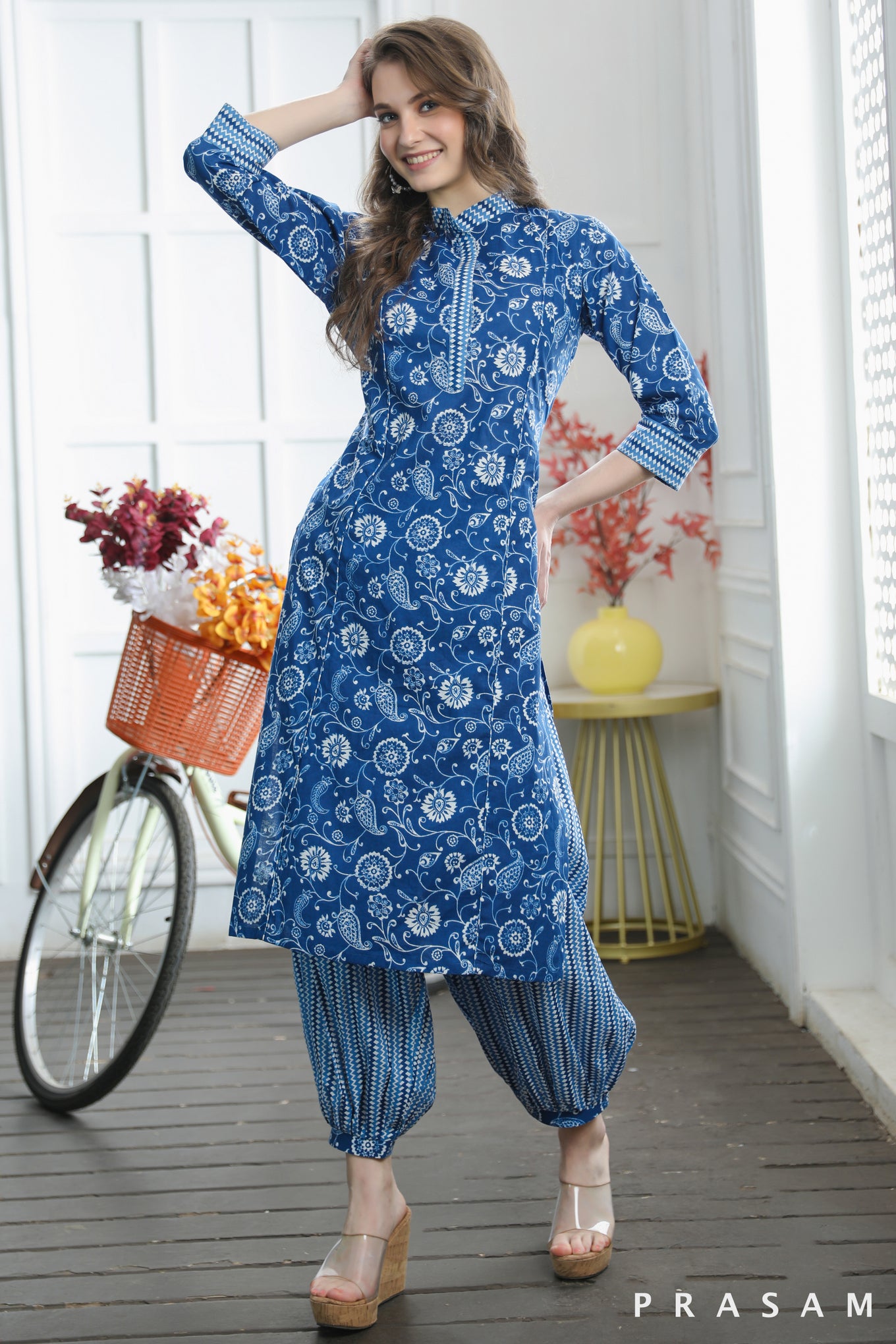 Anshu Trendy Blue Straight Cut Jaipuri Cotton Kurti with Afghani Salwar