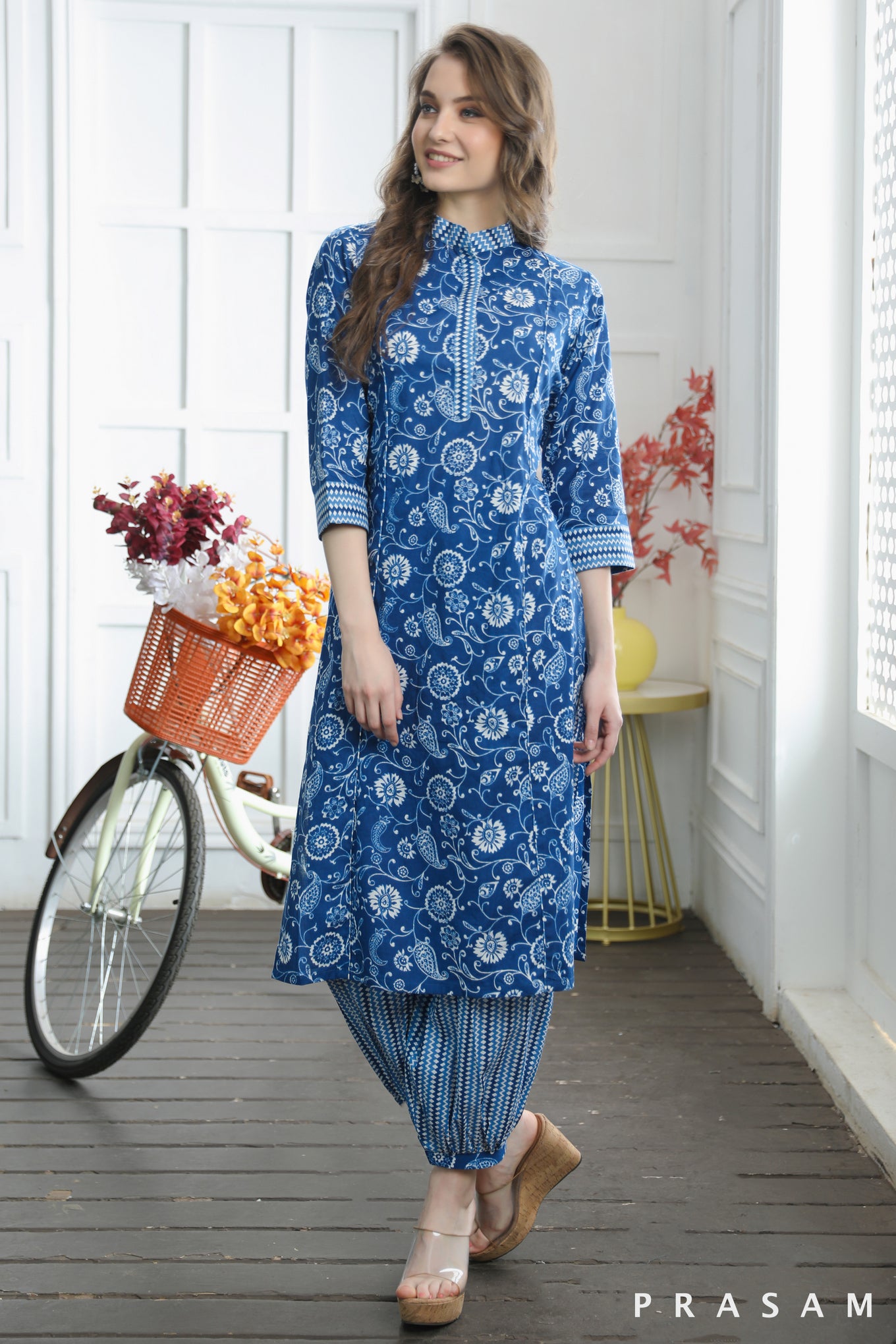 Anshu Trendy Blue Straight Cut Jaipuri Cotton Kurti with Afghani Salwar