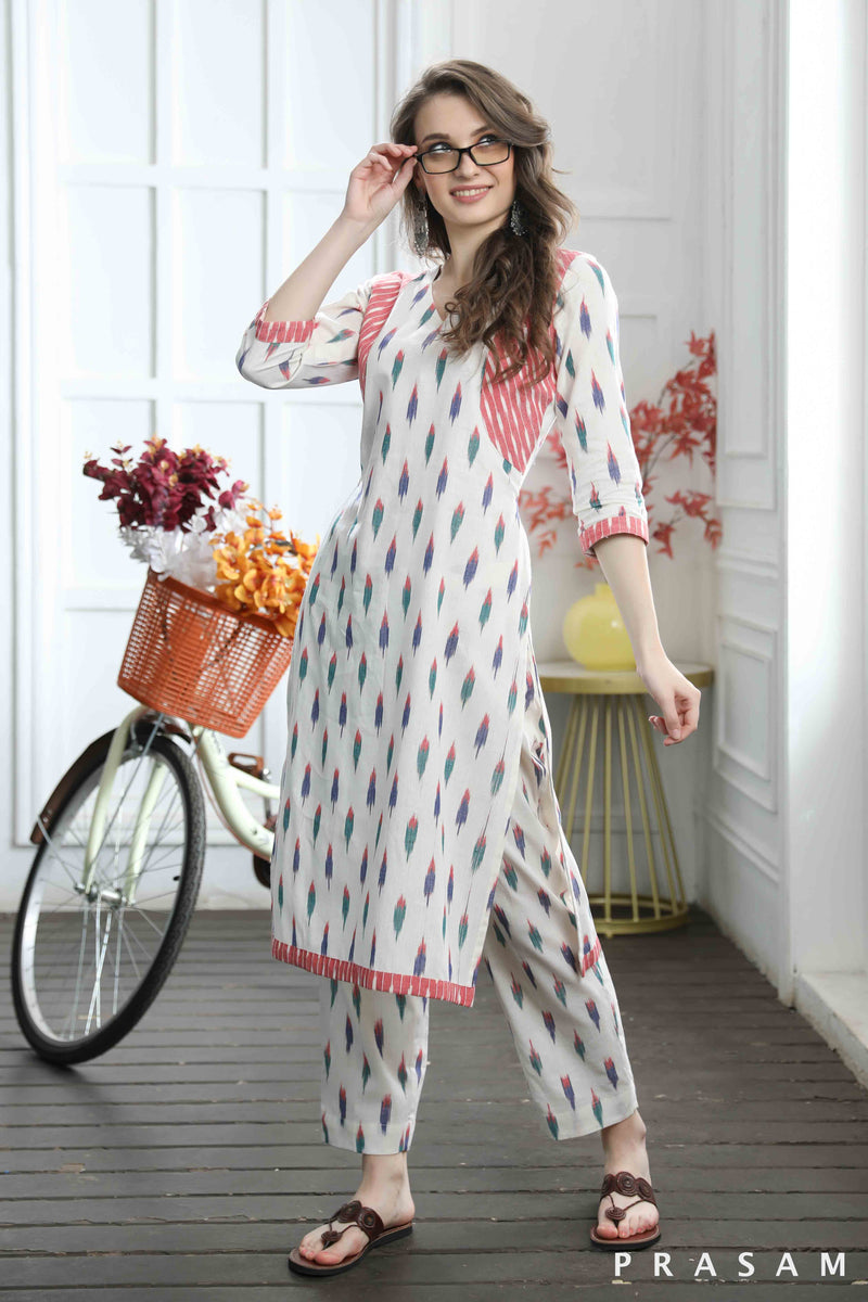 Pari - Elegant Colourful Handloom Cotton Ikat Combination Kurti (Optional Pants)