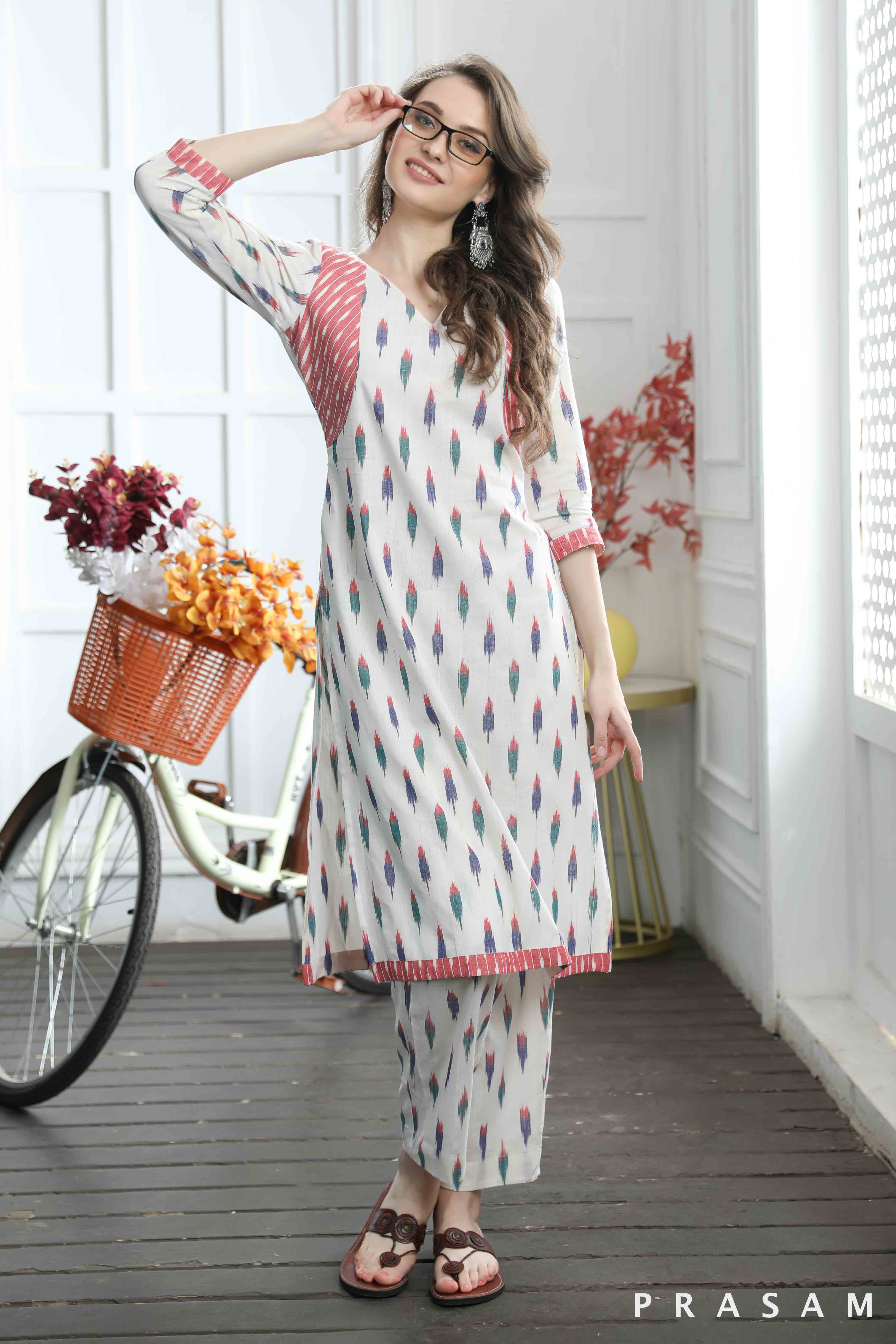 Pari - Elegant Colourful Handloom Cotton Ikat Combination Kurti (Optional Pants)