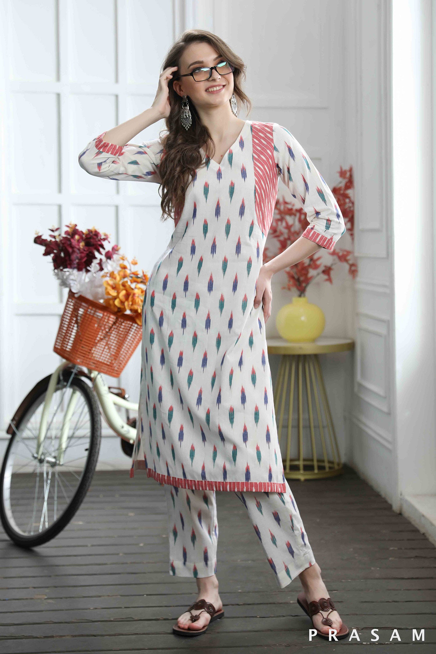 Pari - Elegant Colourful Handloom Cotton Ikat Combination Kurti (Optional Pants)