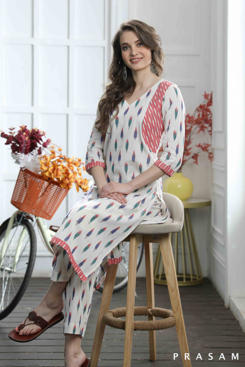 Pari - Elegant Colourful Handloom Cotton Ikat Combination Kurti (Optional Pants)