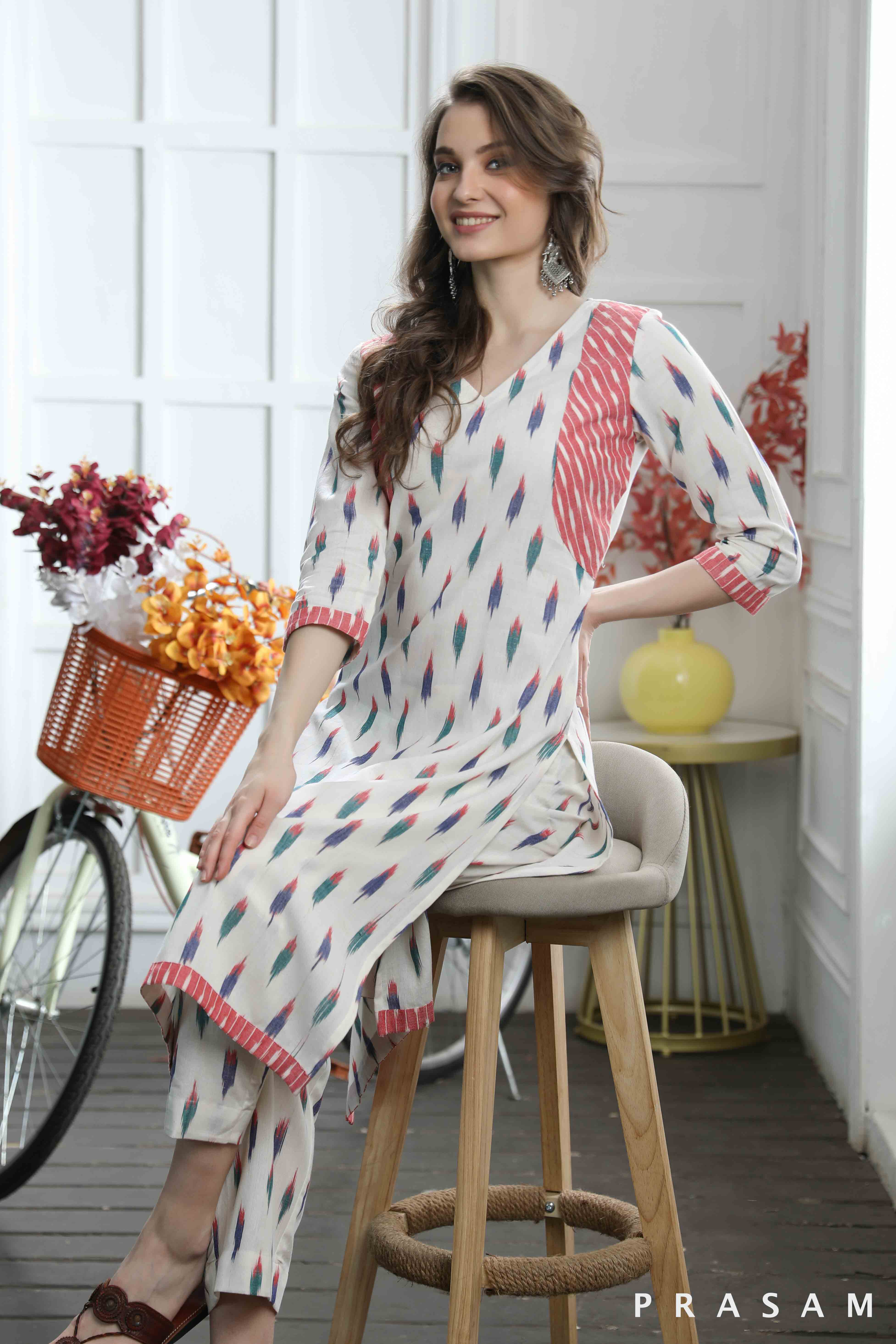 Pari - Elegant Colourful Handloom Cotton Ikat Combination Kurti (Optional Pants)