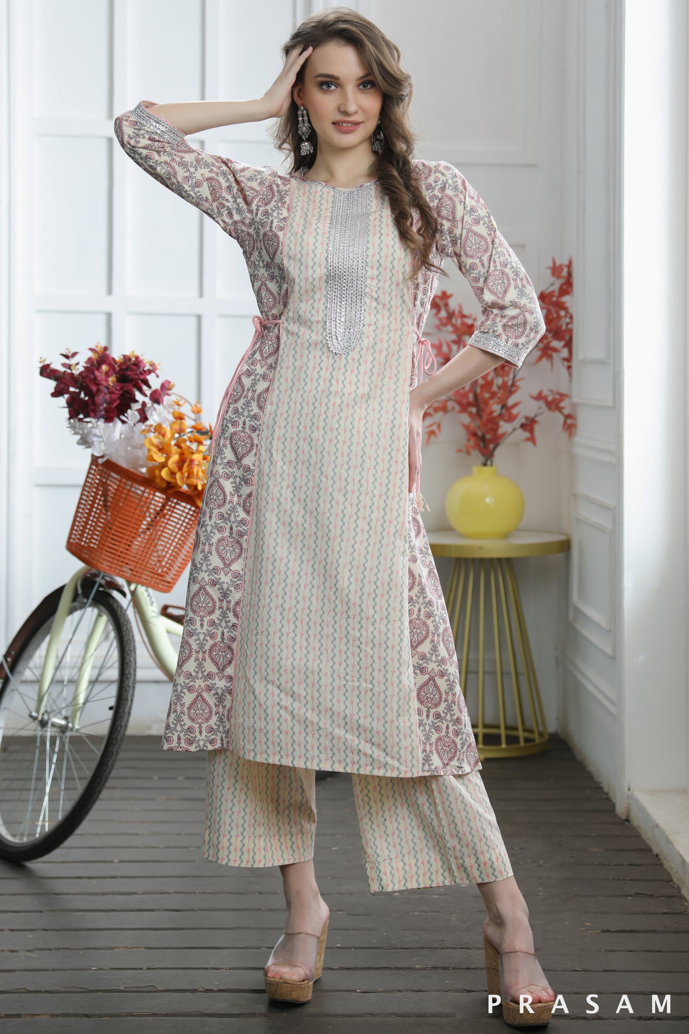 Sara Sophisticated Pastel Jaipuri Cotton Printed Kurti Set With Gota Trims