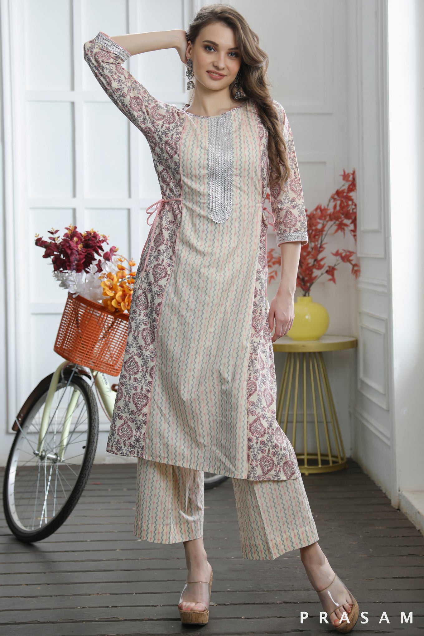 Sara Sophisticated Pastel Jaipuri Cotton Printed Kurti Set With Gota Trims