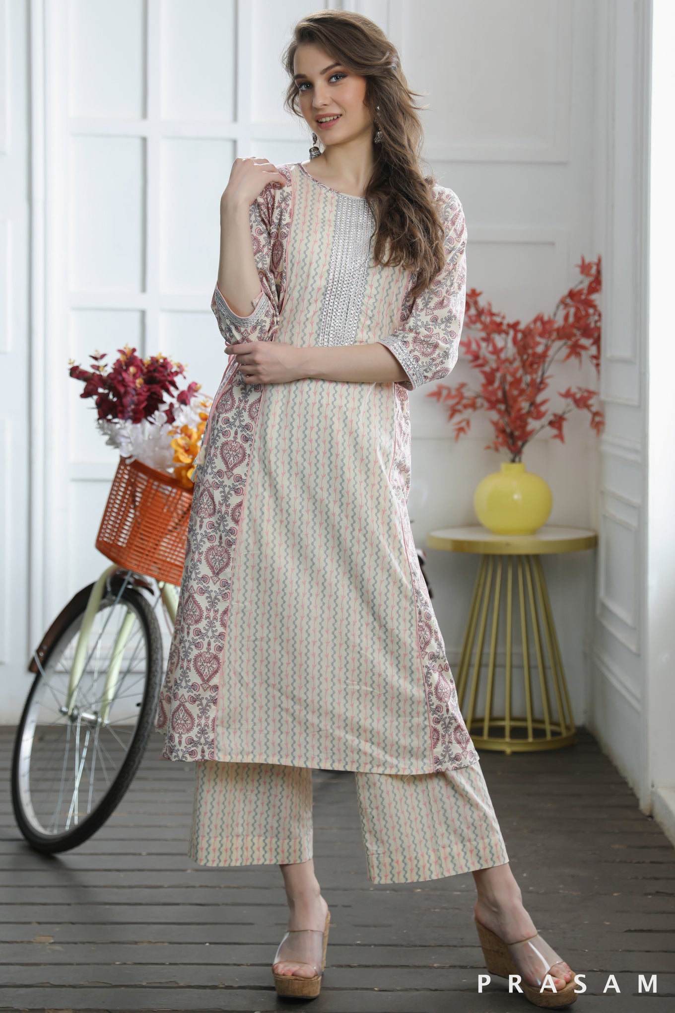 Sara Sophisticated Pastel Jaipuri Cotton Printed Kurti Set With Gota Trims