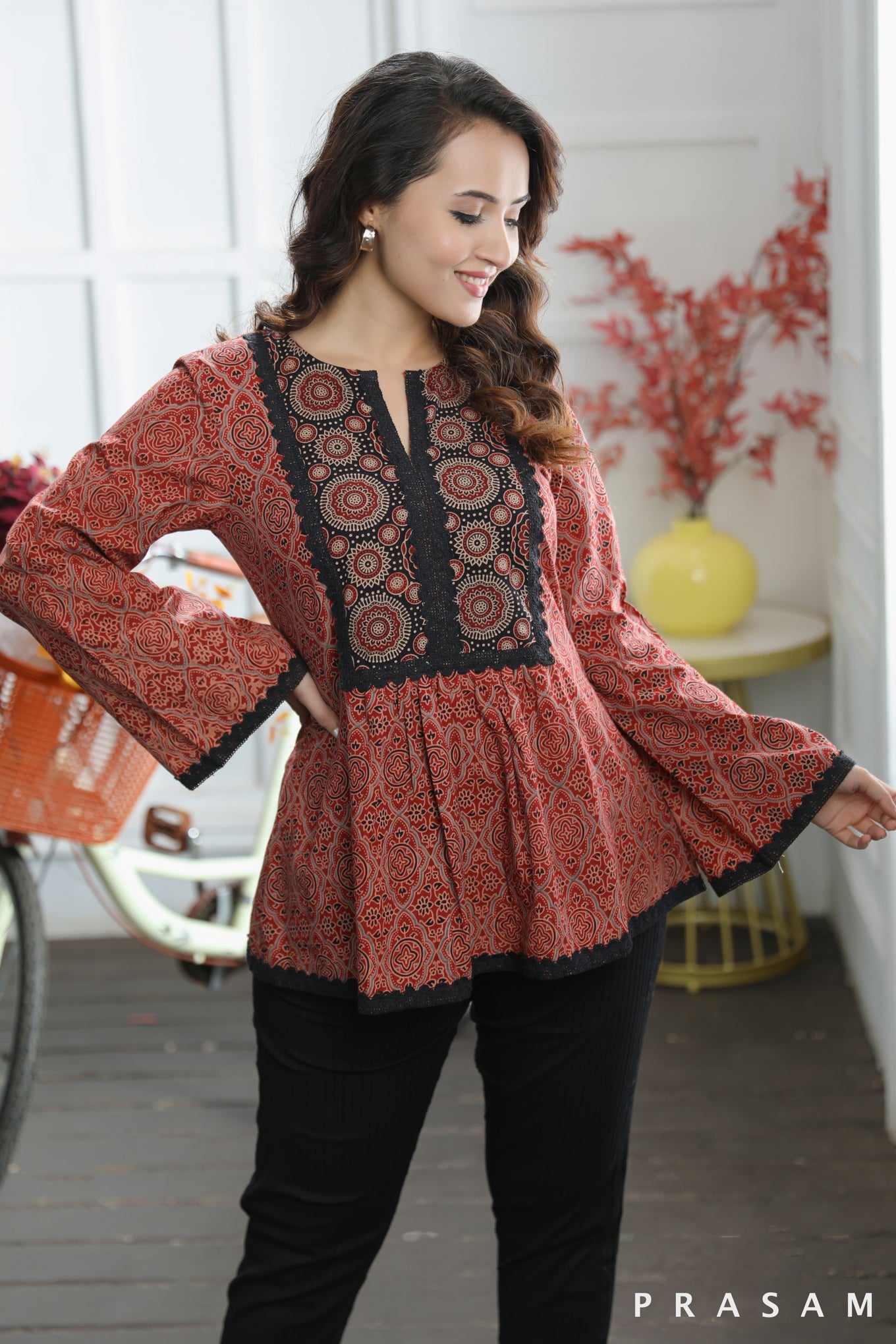 Kavya Tunic Beautiful Cotton Ajrakh Combination Tunic With Lace Trims