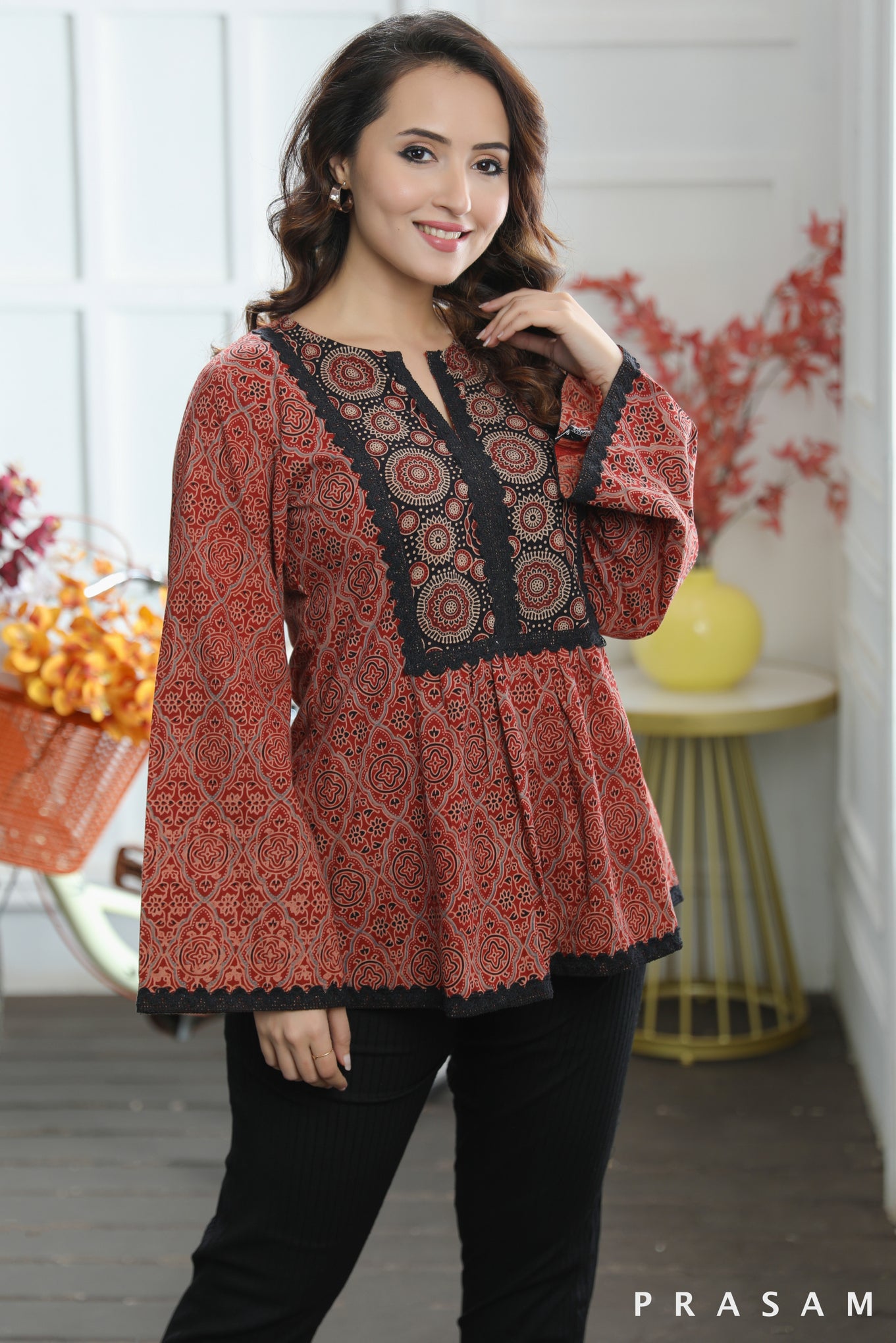 Kavya Tunic Beautiful Cotton Ajrakh Combination Tunic With Lace Trims