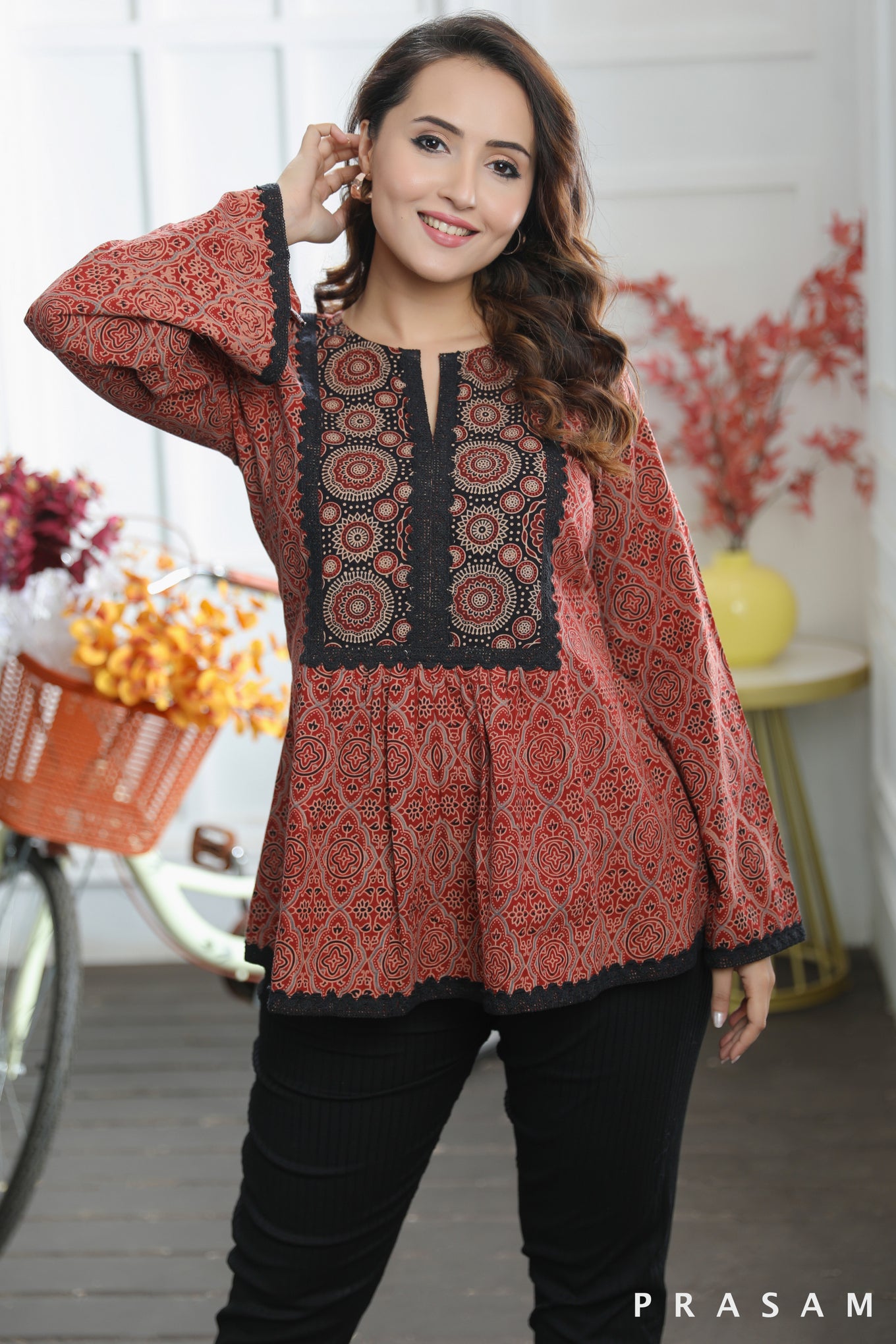 Kavya Tunic Beautiful Cotton Ajrakh Combination Tunic With Lace Trims