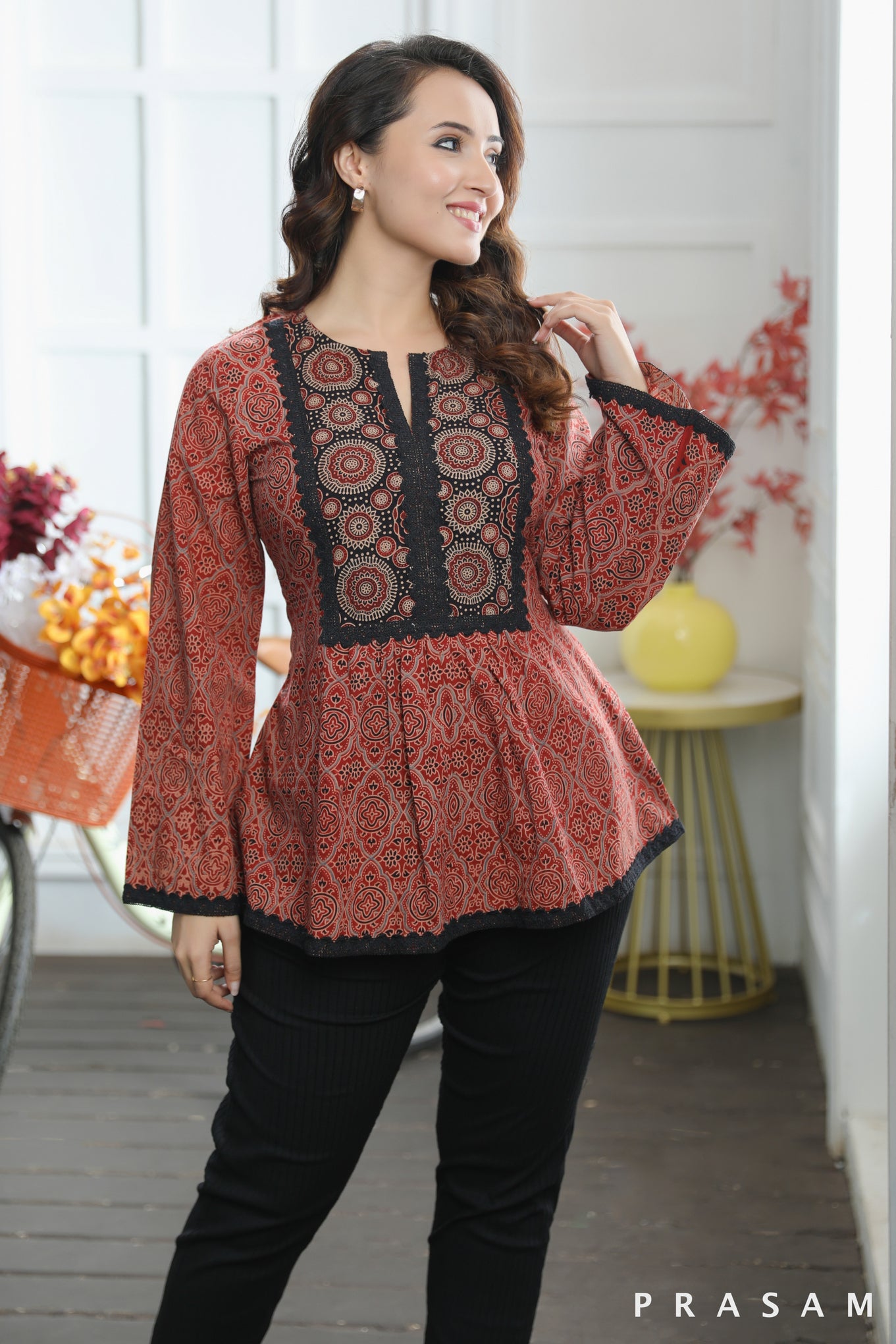 Kavya Tunic Beautiful Cotton Ajrakh Combination Tunic With Lace Trims