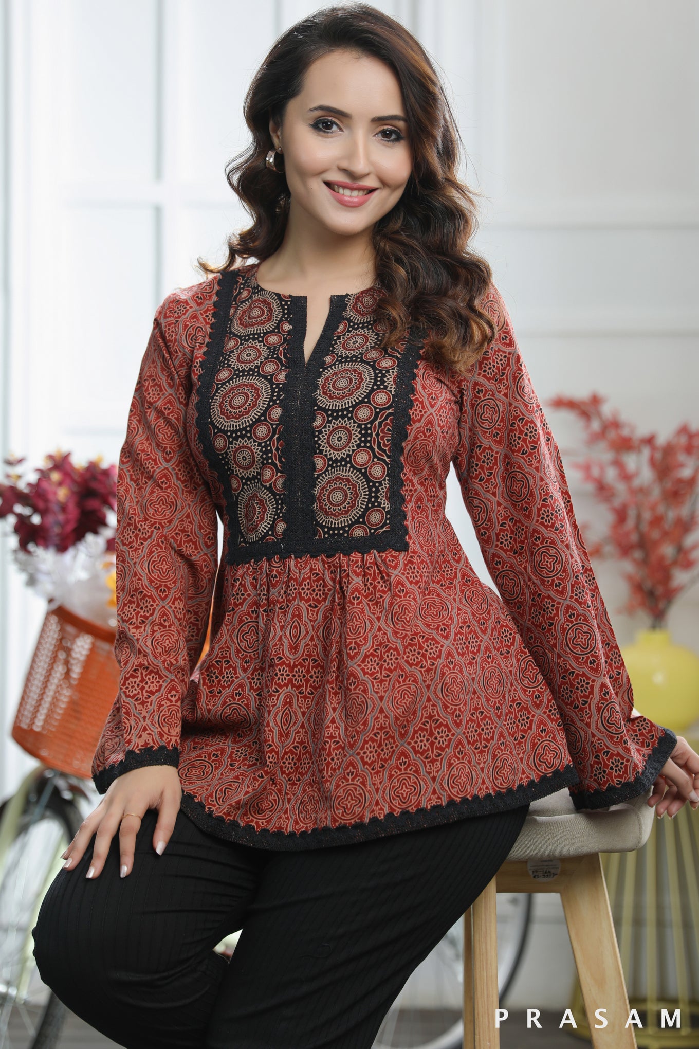 Kavya Tunic Beautiful Cotton Ajrakh Combination Tunic With Lace Trims