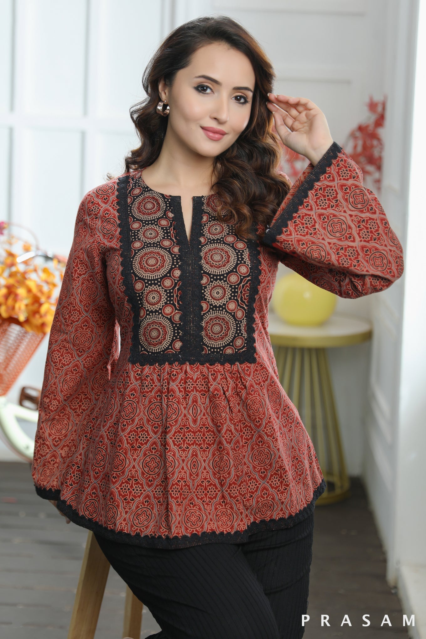 Kavya Tunic Beautiful Cotton Ajrakh Combination Tunic With Lace Trims