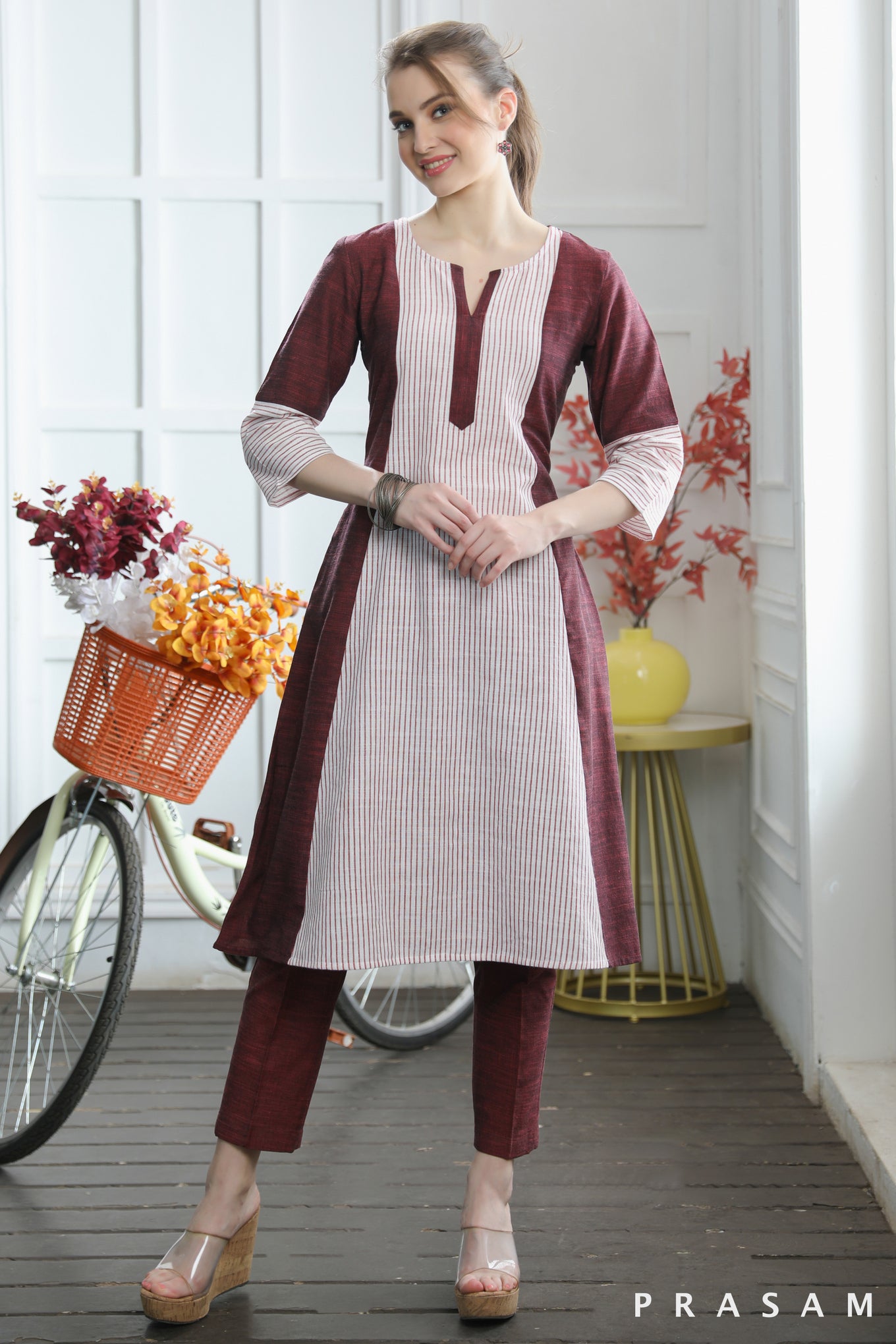 Shyla Dressy Plain Maroon Cotton Handloom With Stripes A-line Kurti (Optional Pants)