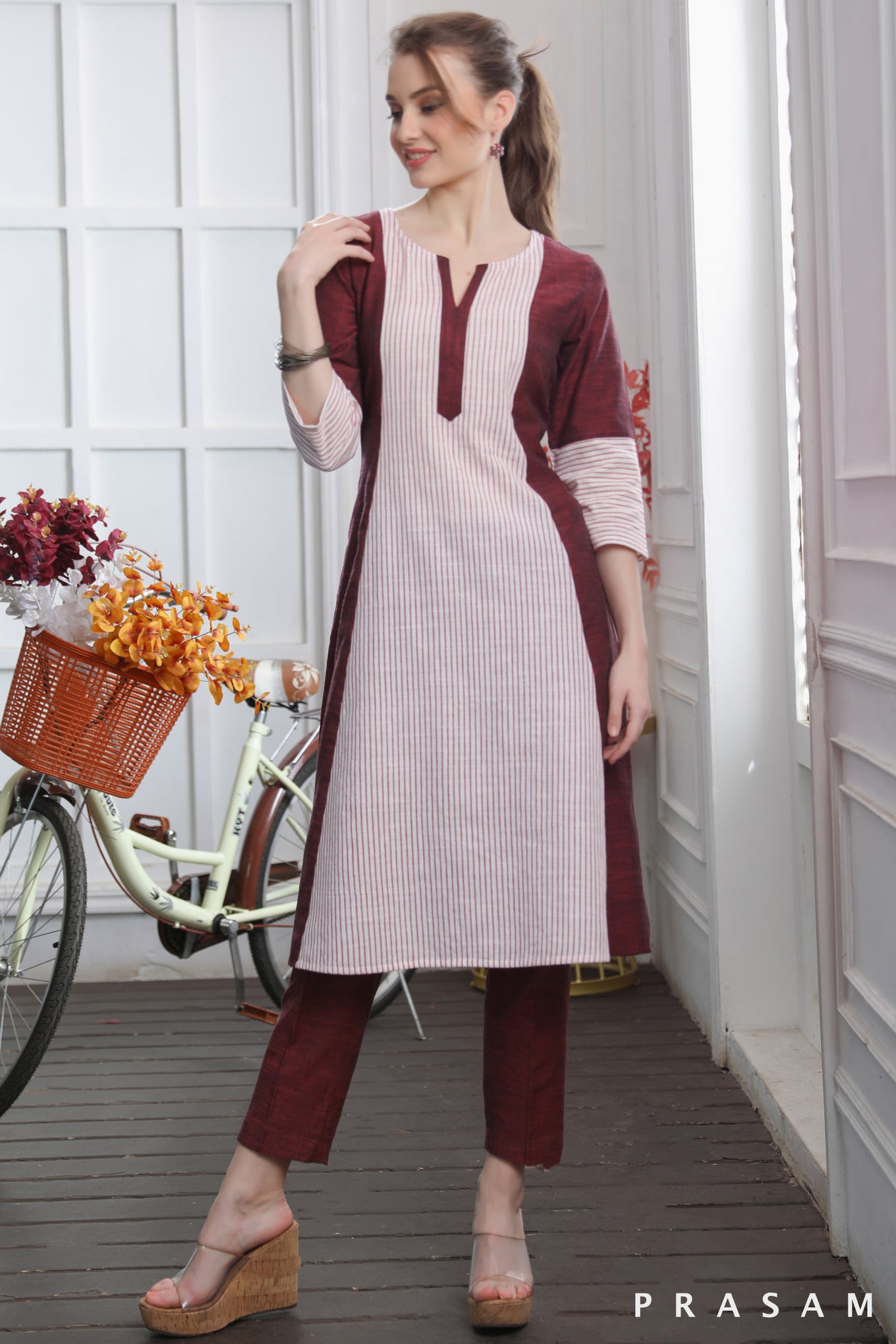 Shyla Dressy Plain Maroon Cotton Handloom With Stripes A-line Kurti (Optional Pants)