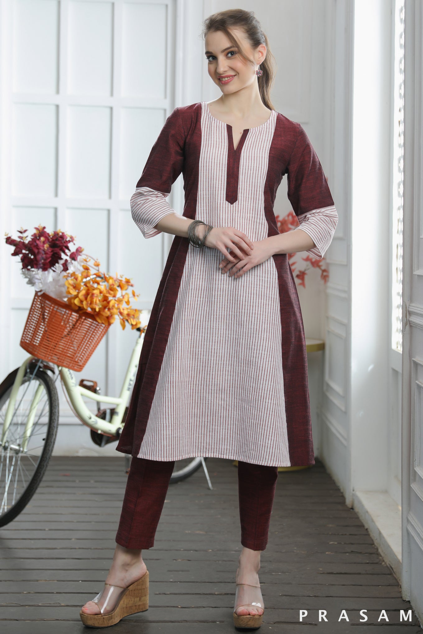 Shyla Dressy Plain Maroon Cotton Handloom With Stripes A-line Kurti (Optional Pants)