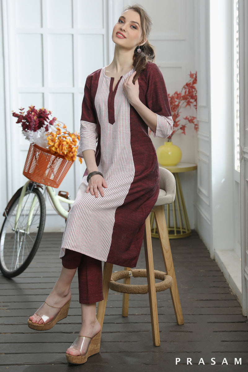 Shyla Dressy Plain Maroon Cotton Handloom With Stripes A-line Kurti (Optional Pants)