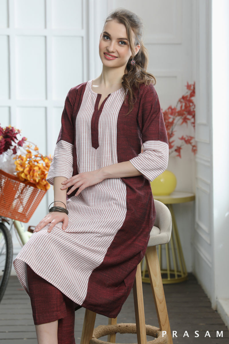 Shyla Dressy Plain Maroon Cotton Handloom With Stripes A-line Kurti (Optional Pants)