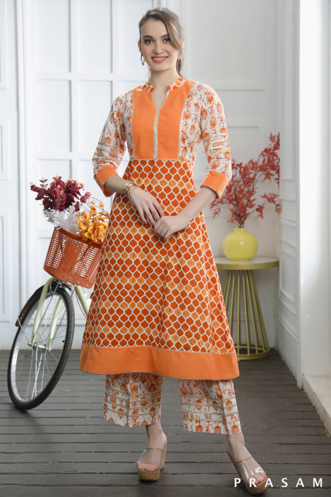 Tangerine Honeycomb- Flattering Orange Jaipuri Cotton Combination Kurti With Gota Trims (Optional Pants)