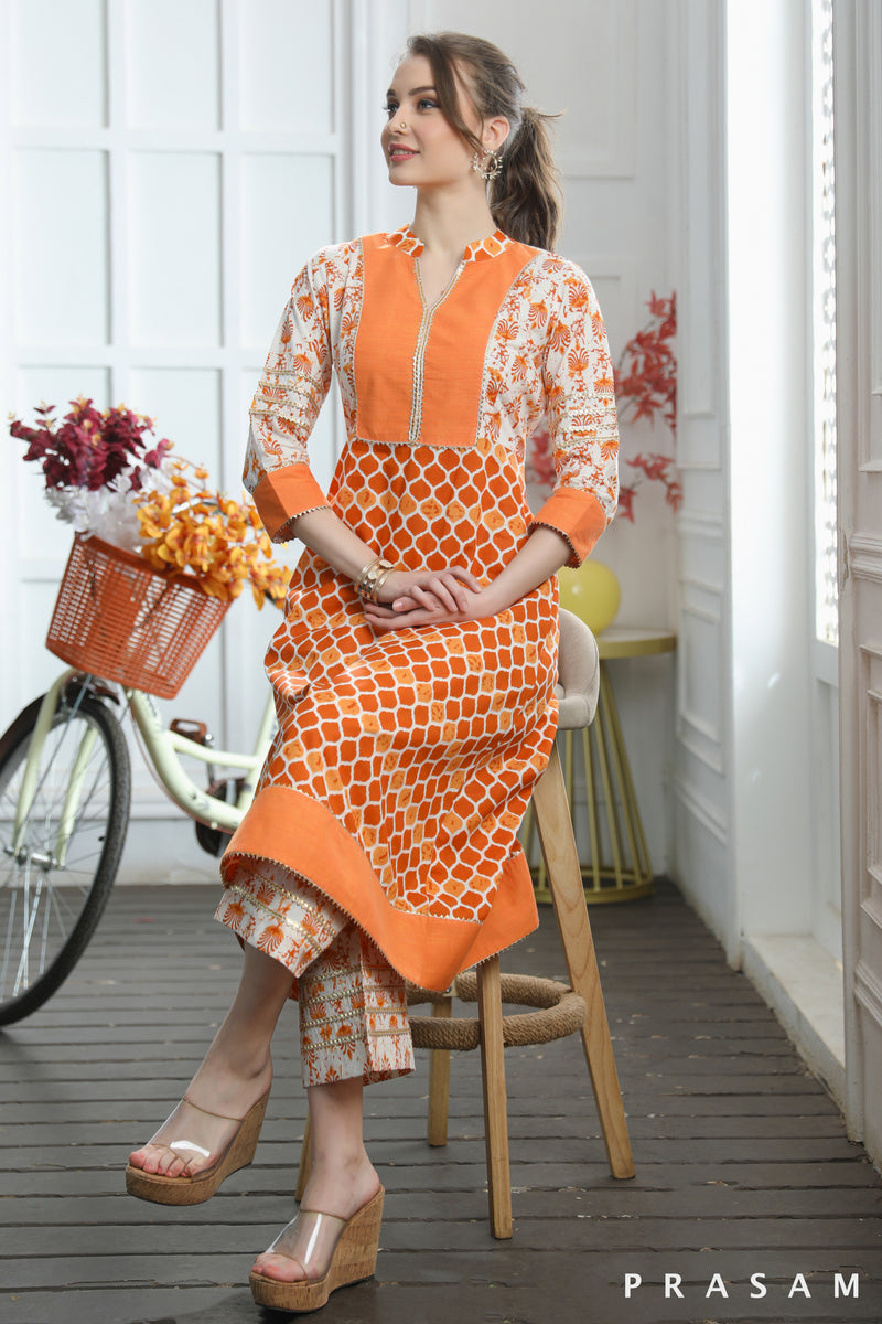 Tangerine Honeycomb- Flattering Orange Jaipuri Cotton Combination Kurti With Gota Trims (Optional Pants)