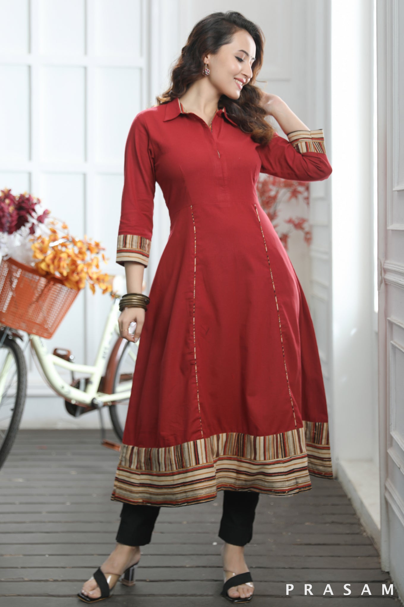 Ruhi Classic Red Maroon Handloom Cotton Flared Kurti With Stripes Border (Optional Pants)