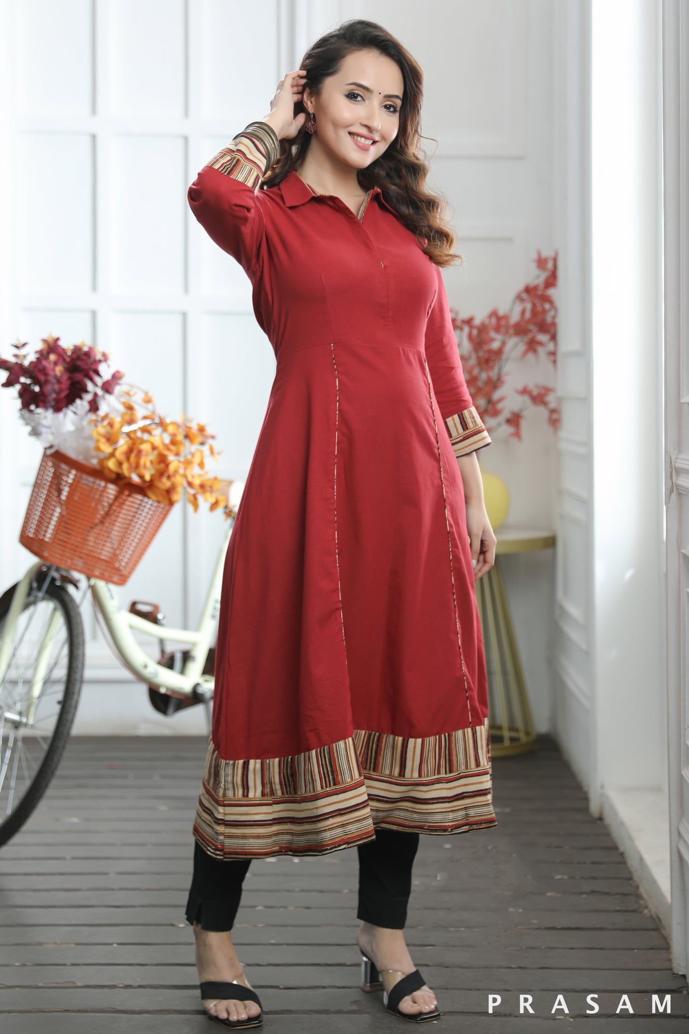 Ruhi Classic Red Maroon Handloom Cotton Flared Kurti With Stripes Border (Optional Pants)