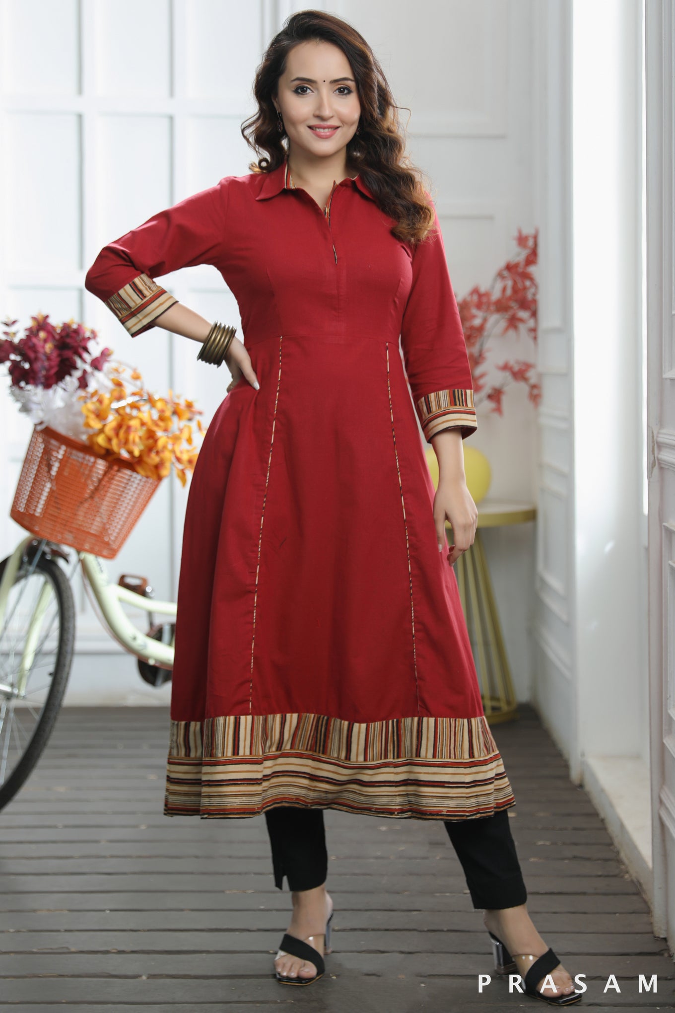 Ruhi Classic Red Maroon Handloom Cotton Flared Kurti With Stripes Border (Optional Pants)