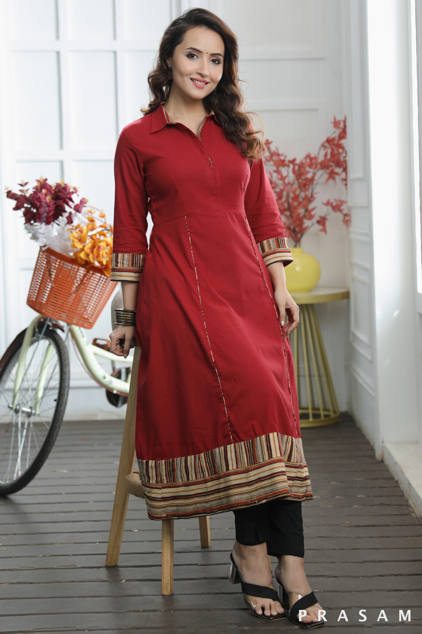 Ruhi Classic Red Maroon Handloom Cotton Flared Kurti With Stripes Border (Optional Pants)