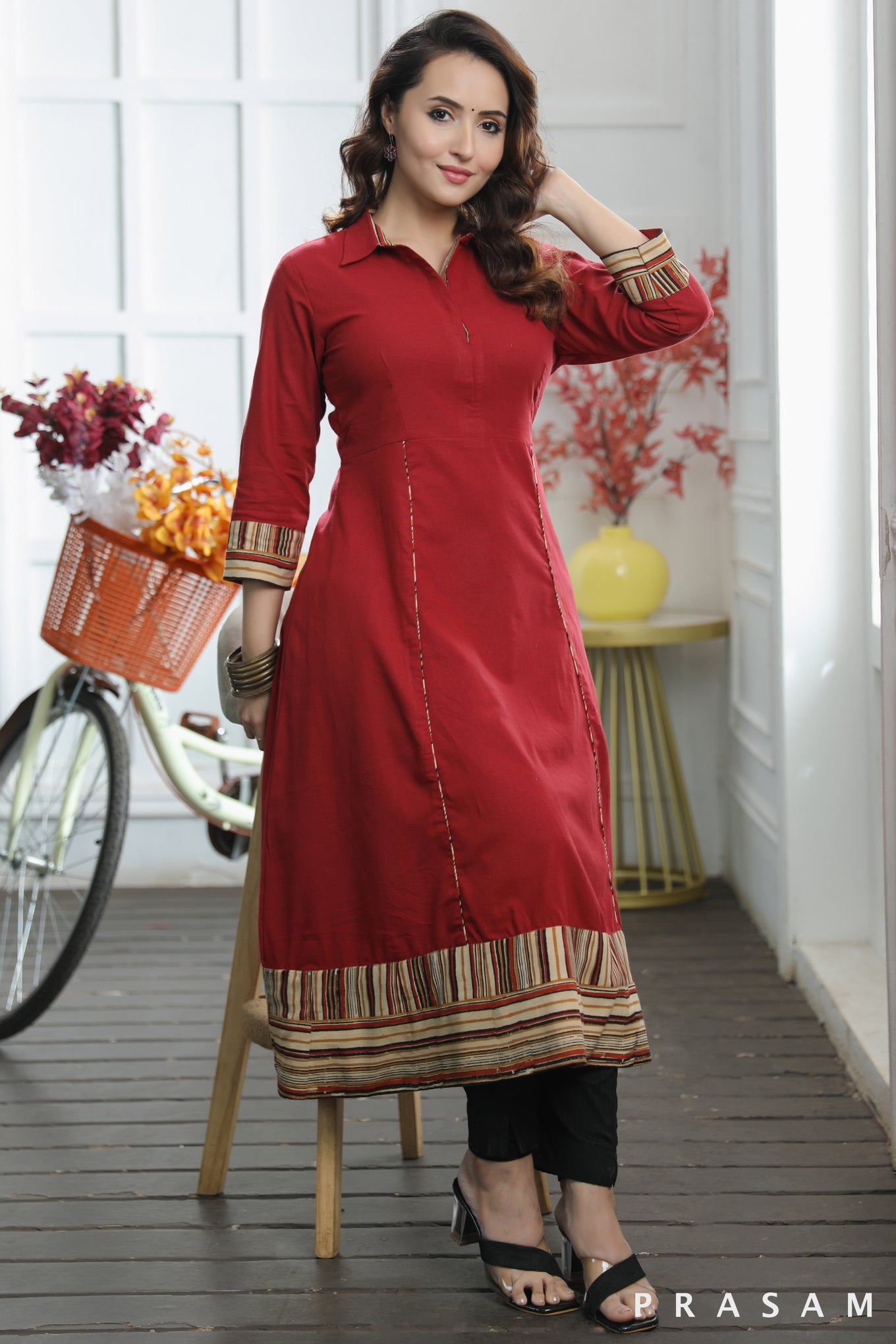 Ruhi Classic Red Maroon Handloom Cotton Flared Kurti With Stripes Border (Optional Pants)