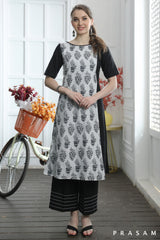 Maya Striking Black Handloom Cotton With Jaipuri Block print Combination Kurti (Optional Pants)