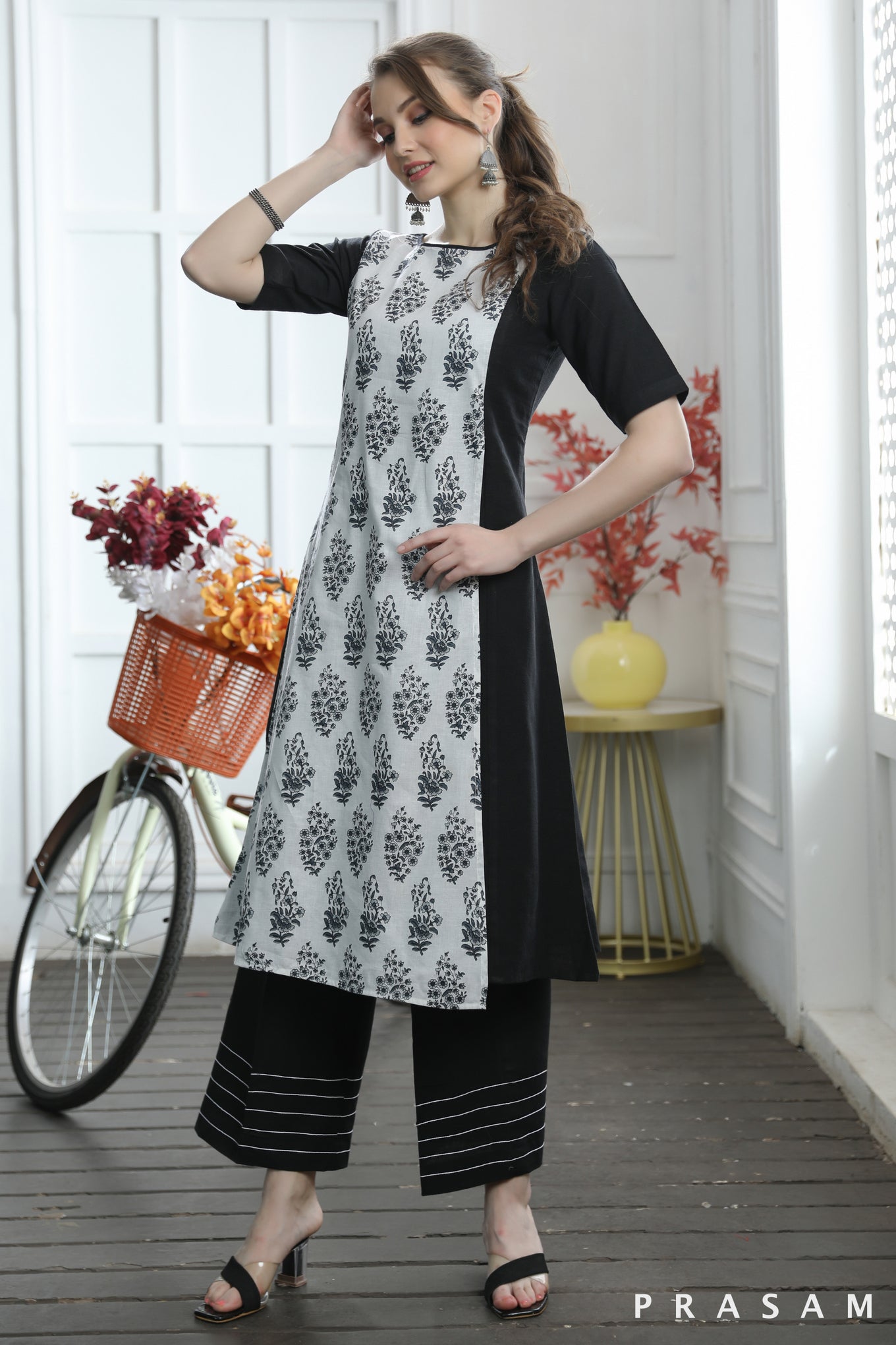 Maya Striking Black Handloom Cotton With Jaipuri Block print Combination Kurti (Optional Pants)