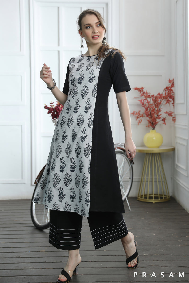 Maya Striking Black Handloom Cotton With Jaipuri Block print Combination Kurti (Optional Pants)