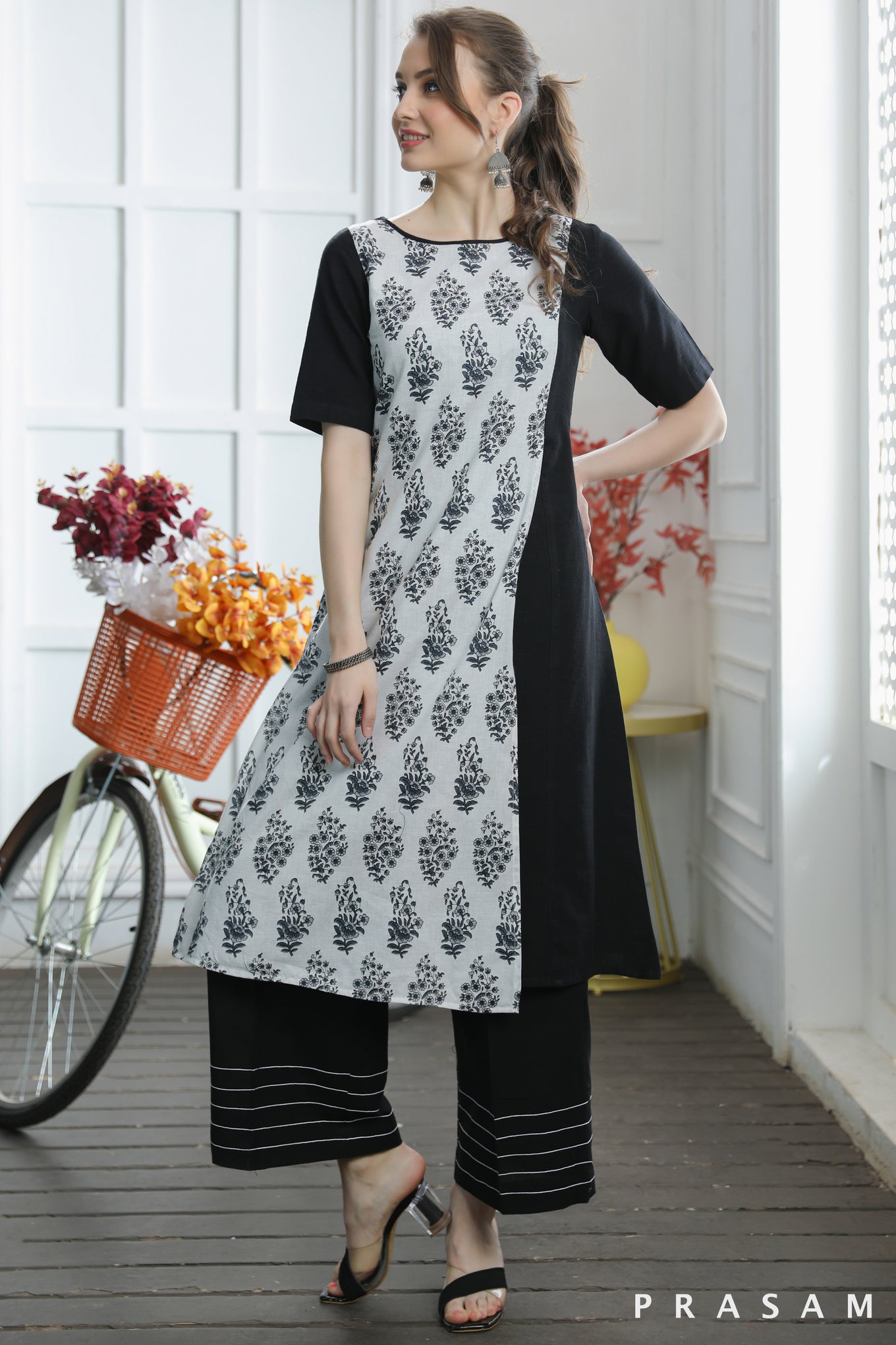 Maya Striking Black Handloom Cotton With Jaipuri Block print Combination Kurti (Optional Pants)