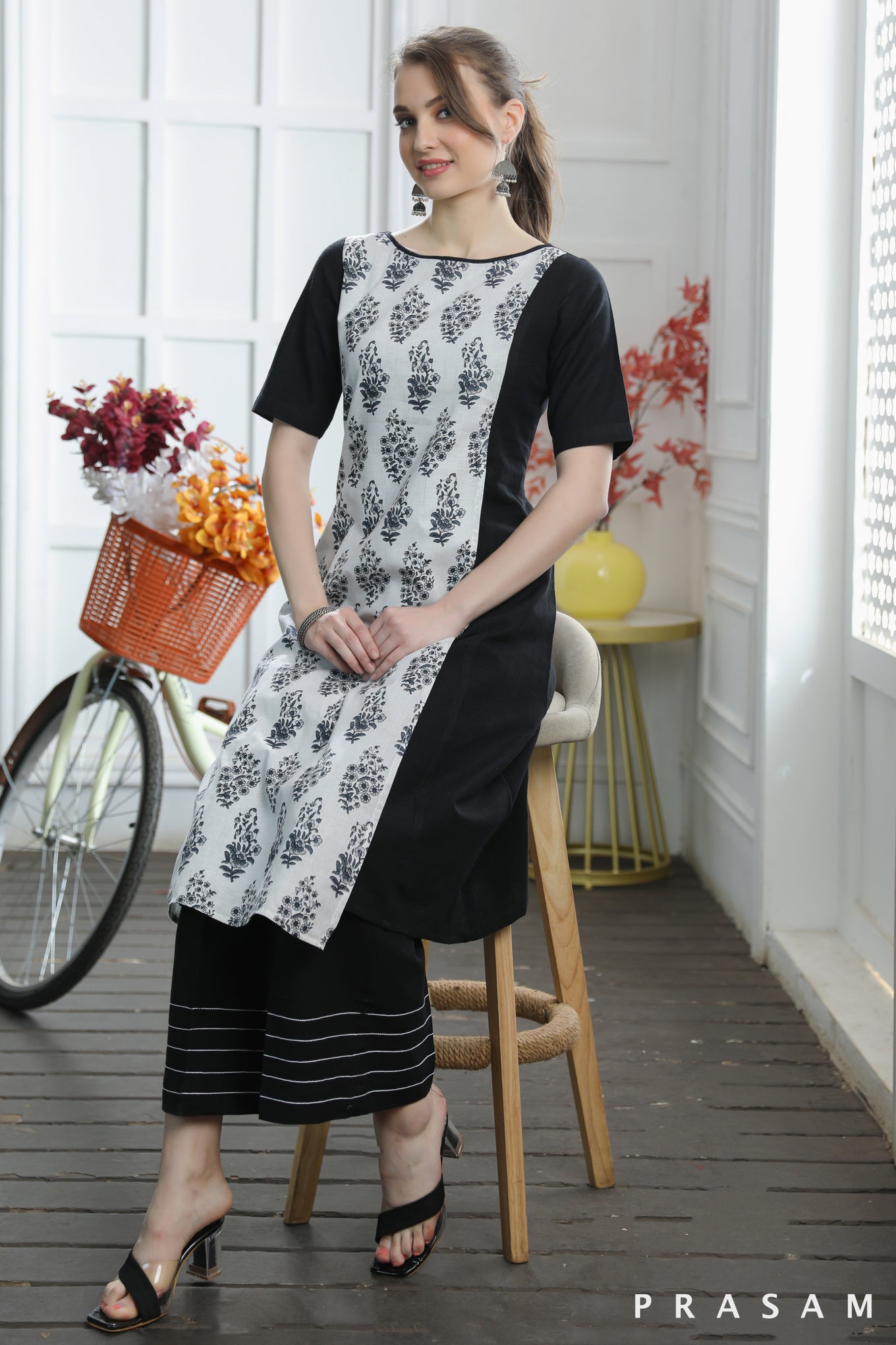 Maya Striking Black Handloom Cotton With Jaipuri Block print Combination Kurti (Optional Pants)