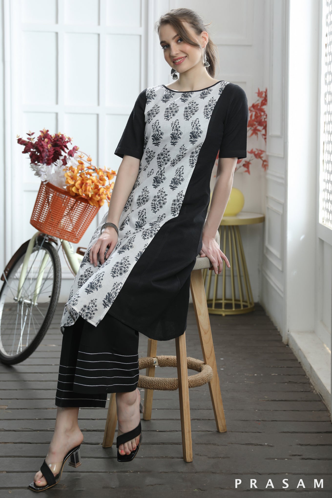 Maya Striking Black Handloom Cotton With Jaipuri Block print Combination Kurti (Optional Pants)