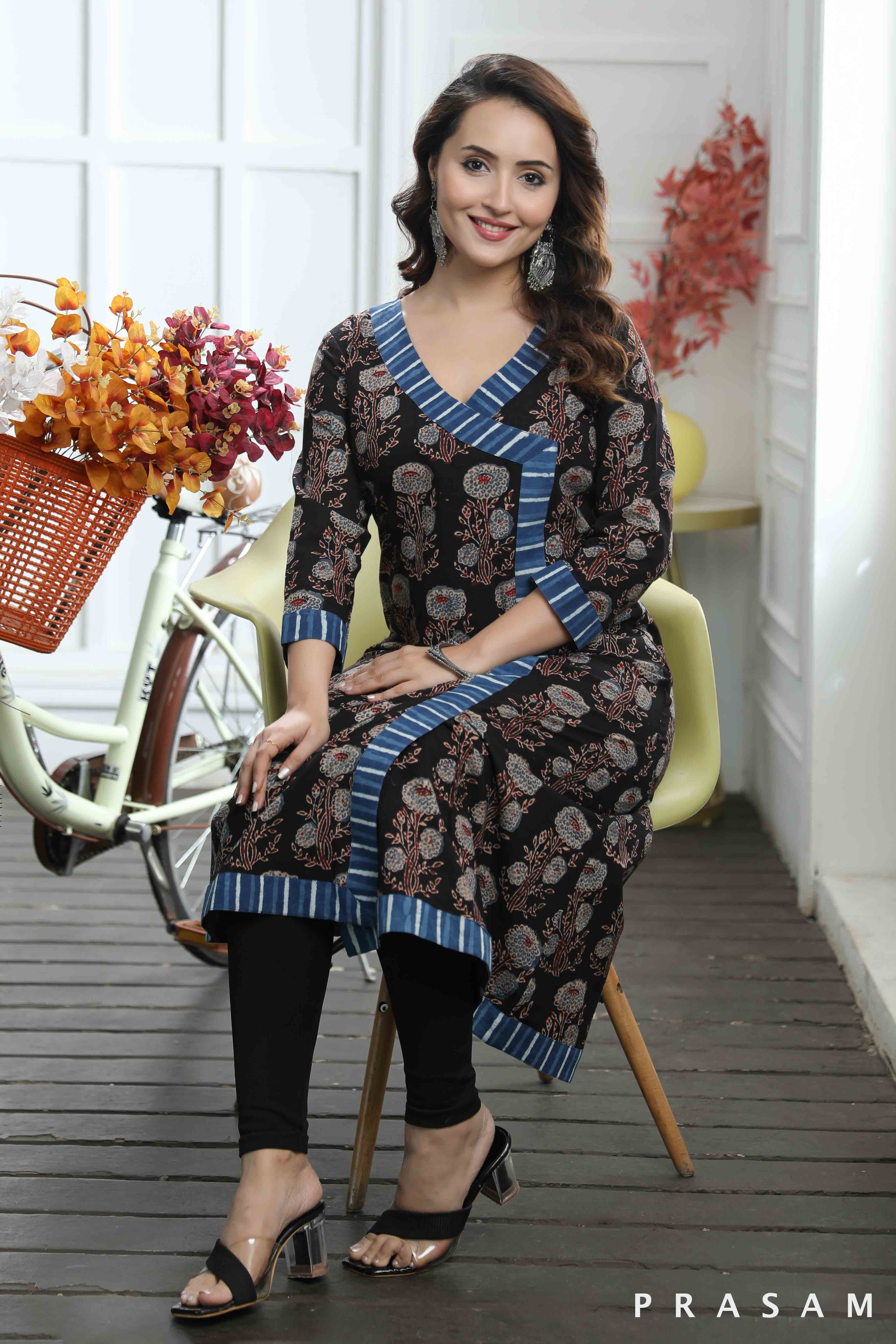 Ira - Floral Ajrakh Cotton Printed Kurti With Indigo Stripes Trims  (Optional Leggings)