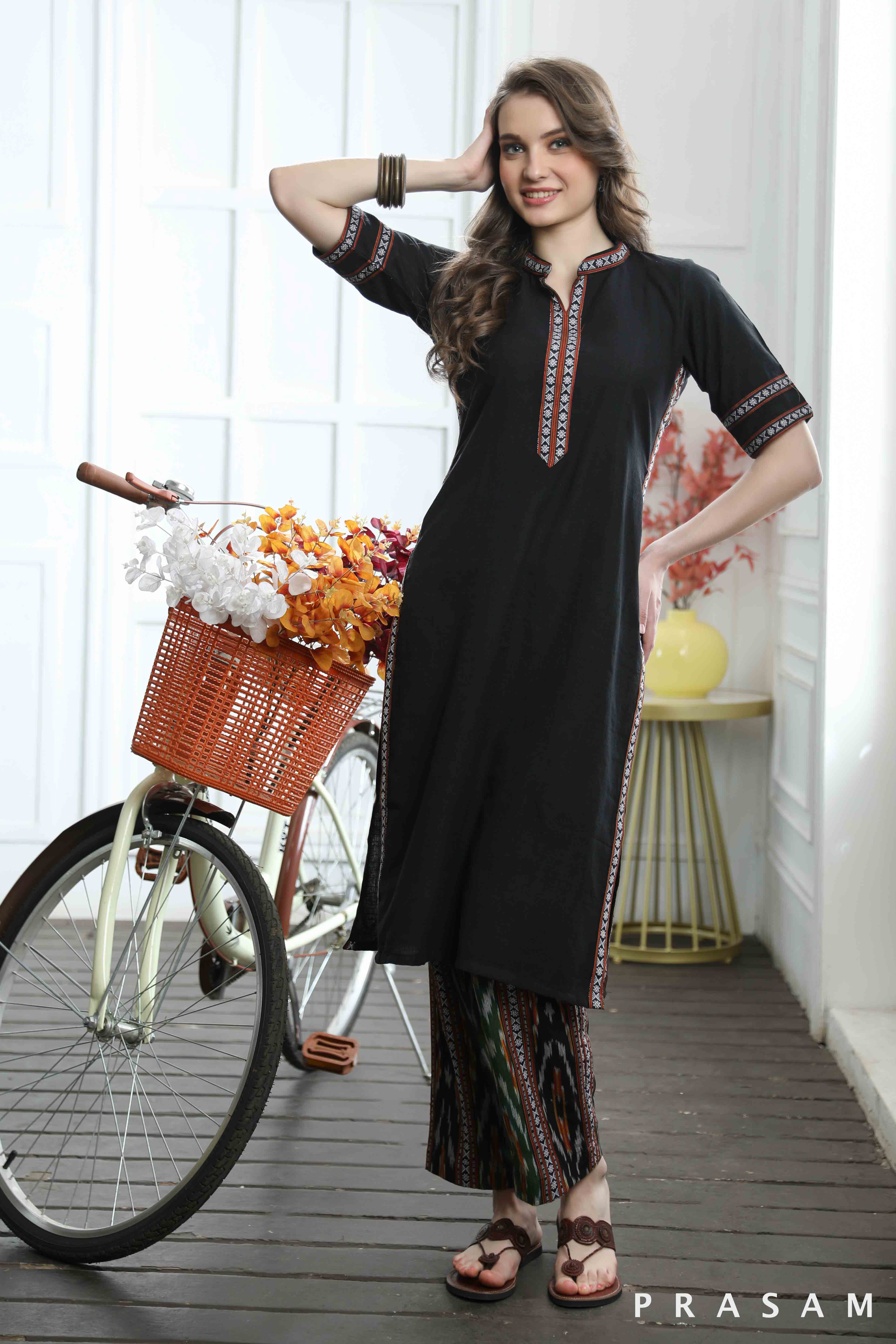 Kimaya - Must Have Black Handloom Cotton With Ikat Trims Kurti (Optional Pants)