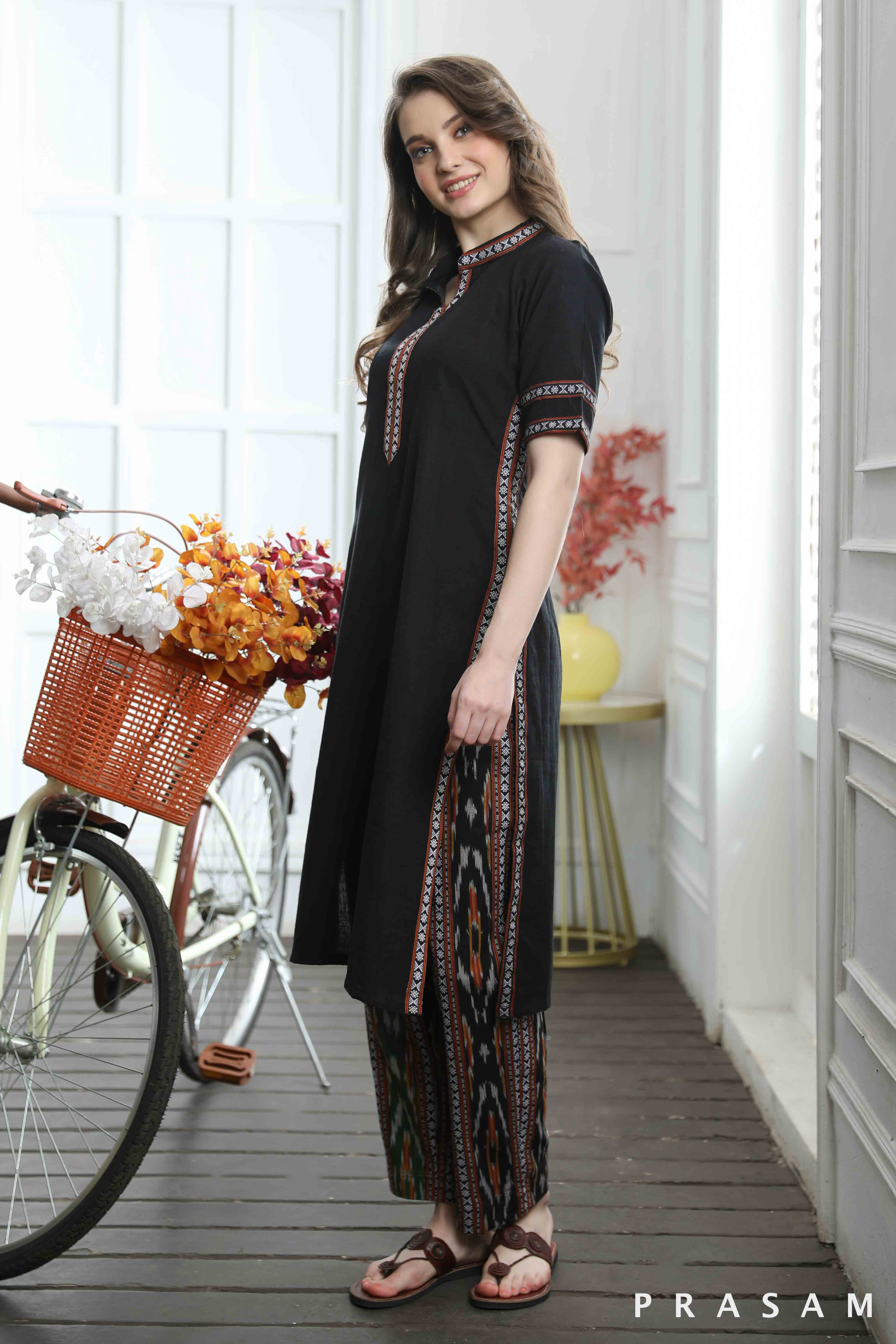 Kimaya - Must Have Black Handloom Cotton With Ikat Trims Kurti (Optional Pants)