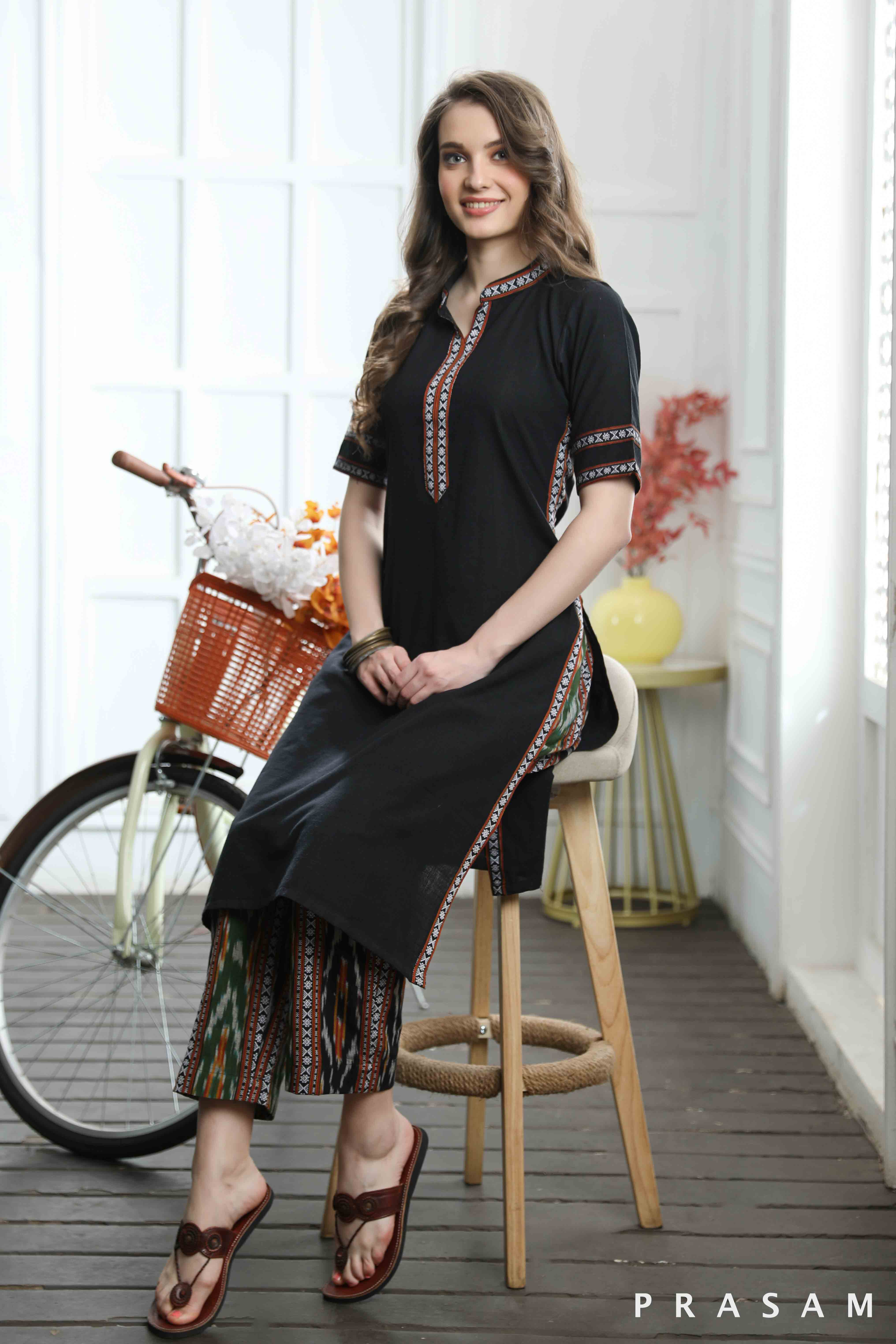 Kimaya - Must Have Black Handloom Cotton With Ikat Trims Kurti (Optional Pants)