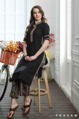 Kimaya - Must Have Black Handloom Cotton With Ikat Trims Kurti (Optional Pants)