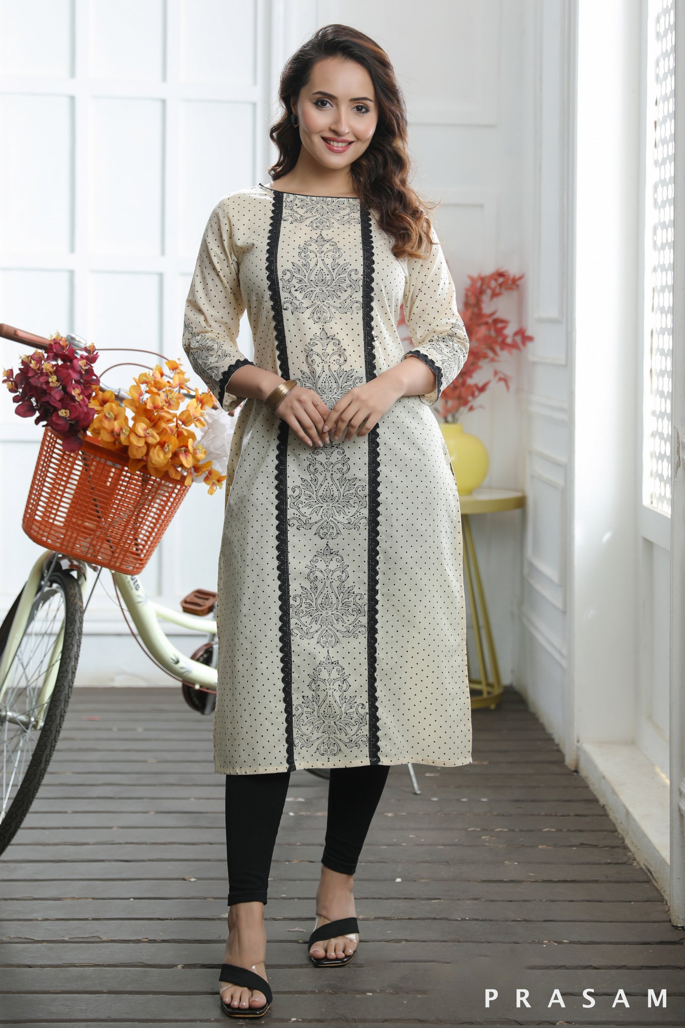 Ethno Block Classy Beige Cotton Mul With Black Hand Block Print Kurti With Lace Trims (Optional Pants)