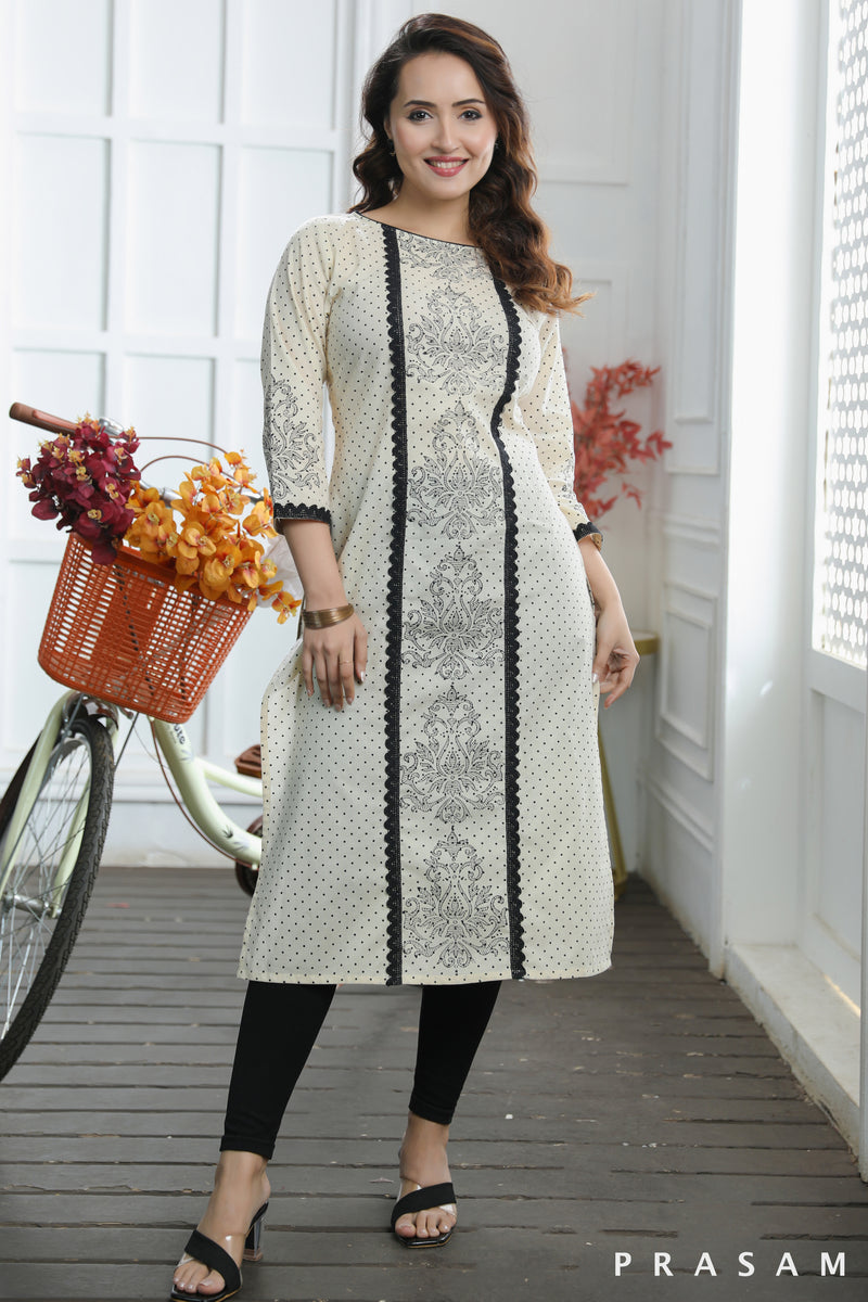 Ethno Block Classy Beige Cotton Mul With Black Hand Block Print Kurti With Lace Trims (Optional Pants)