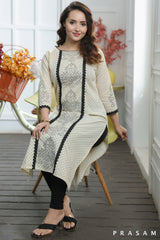 Ethno Block Classy Beige Cotton Mul With Black Hand Block Print Kurti With Lace Trims (Optional Pants)